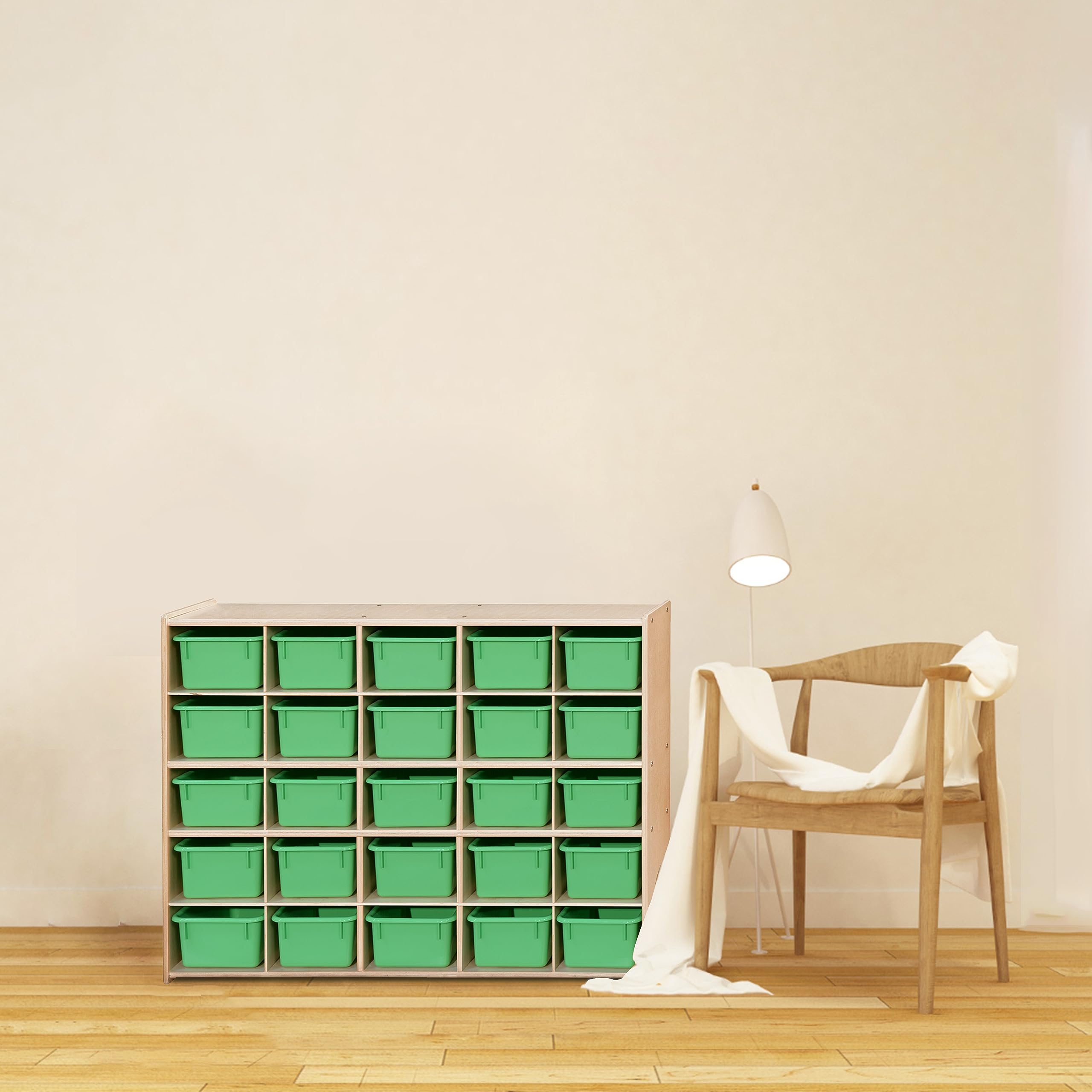 Contender Birch 25 Cubby Tray Cabinet with Lime Green Bins - Kids Storage Organizer for Daycare, Nursery & Homeschool - Fully Assembled Shelving Unit for Toys, Books & Learning Materials - Perfect for Classroom Organization & Montessori Playrooms