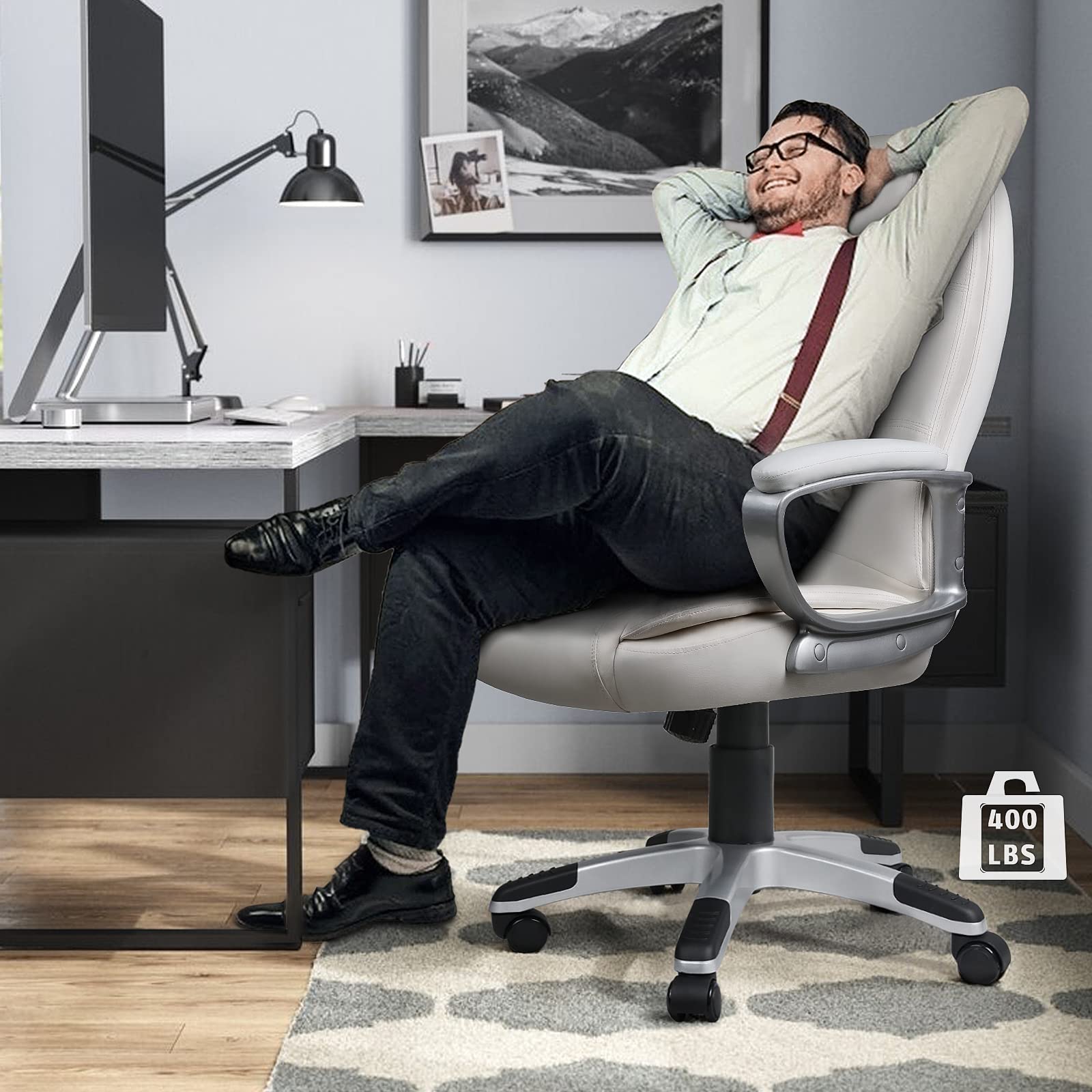 LEMBERI Ergonomic Office Desk Chair - Big & Tall Executive High Back Computer Chair with Adjustable Height, PU Leather & Cushion Support - Perfect for Long Hours Sitting in Home Office or Workspace (White)