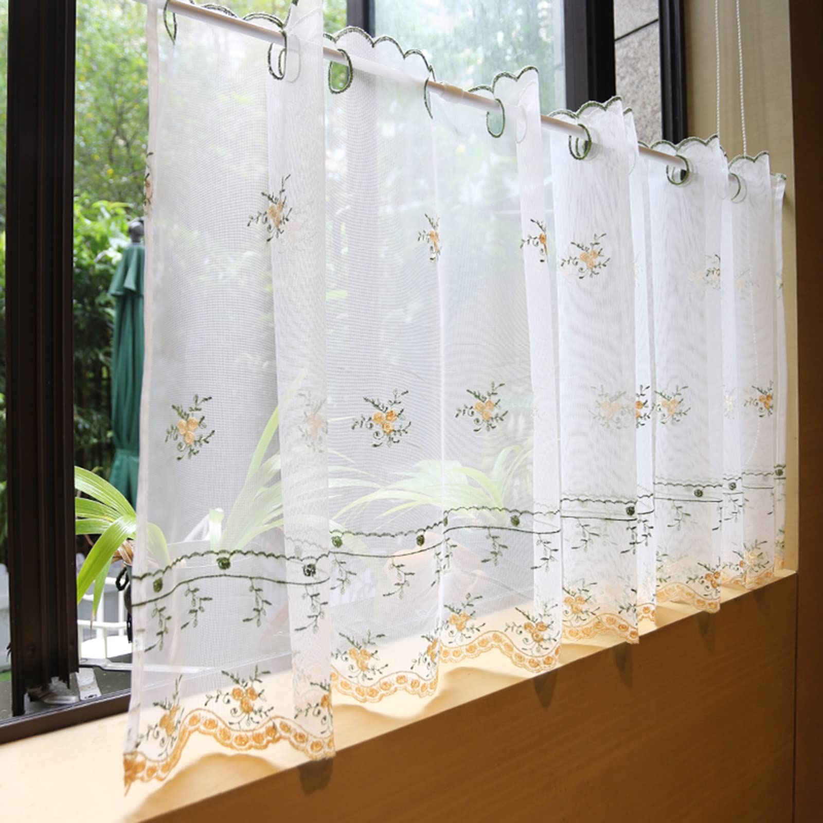 V3VOGUE Yellow Bud Embroidered Semi-Sheer Kitchen Curtains - 1 Panel Café Valance Window Drape for Bistro, Home & Door Decor | Rustic Farmhouse Style for Kitchen Windows, French Doors & Breakfast Nooks