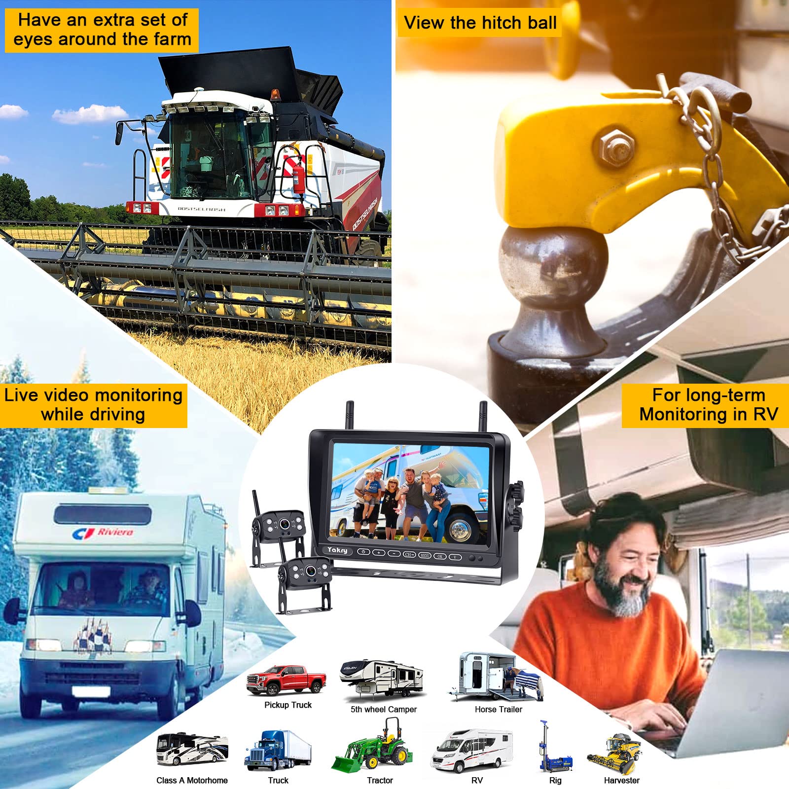 Yakry Y28-36 RV Backup Camera System - Wireless 1080P HD Recording with 7'' Touch Key Monitor, 2 Cameras, Night Vision & 4 Channels | Plug & Play Pre-Wired for Furrion System | Perfect for Trailers, Trucks & Motorhomes (Rear View Safety & Parking Assistance)