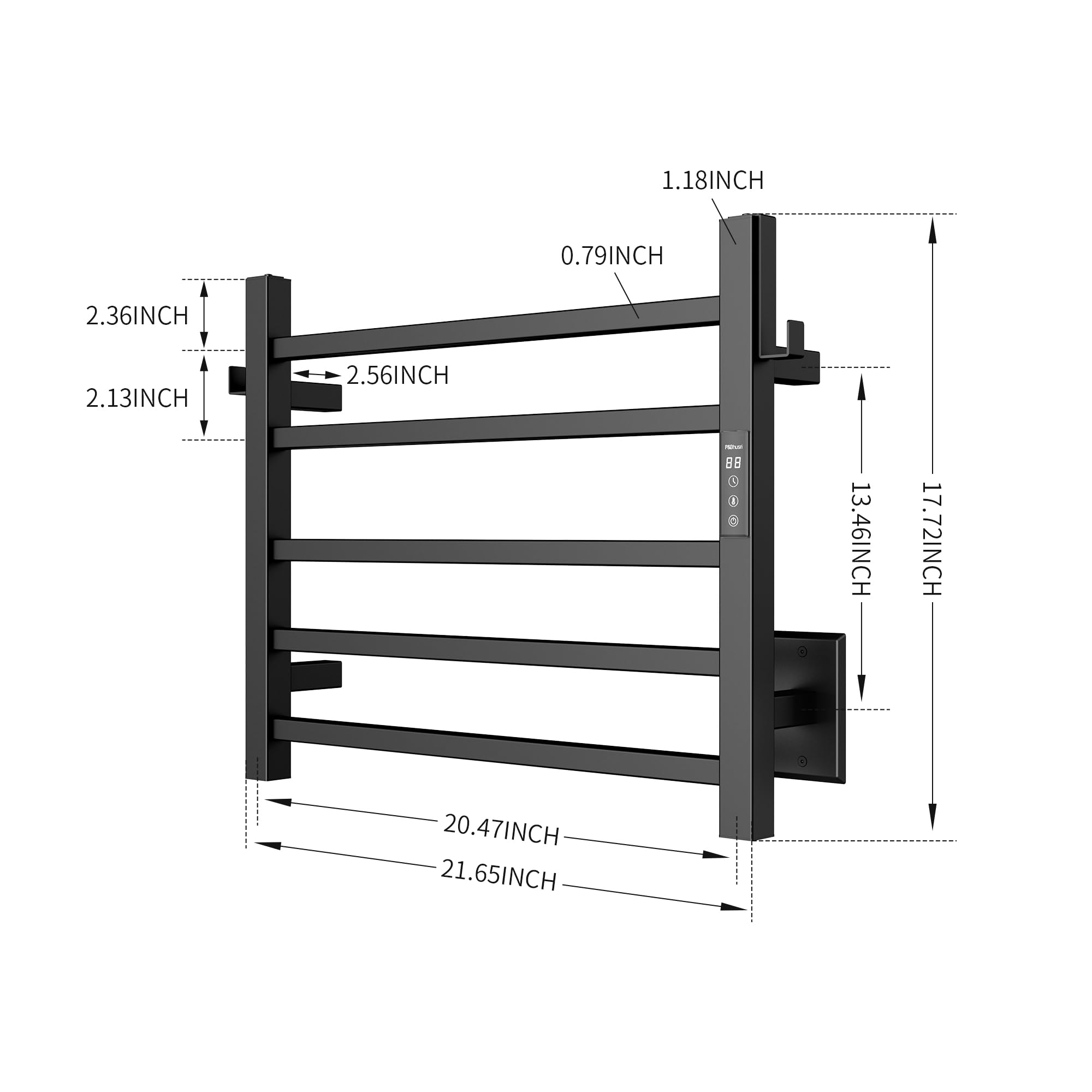 P&Bhusri 5-Bar Heated Towel Rack - Wall Mounted Electric Towel Warmer for Bathroom with Timer & LED Indicator - Stainless Steel Matte Black (Hardwired/Plug-in) - Perfect for Spa, Luxury Hotels & Cozy Home Bathrooms