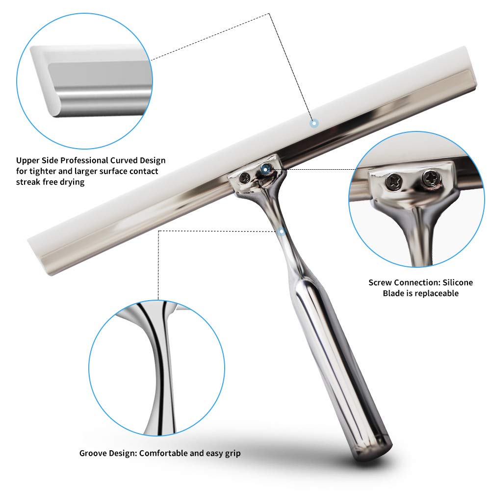 Premium Stainless Steel Shower Squeegee with Self-Adhesive Hook - Bathroom Mirror Wiper & Glass Cleaner for Shower Doors, Windows, Tiles - Perfect for Streak-Free Cleaning in Bathrooms, Kitchens, and Offices