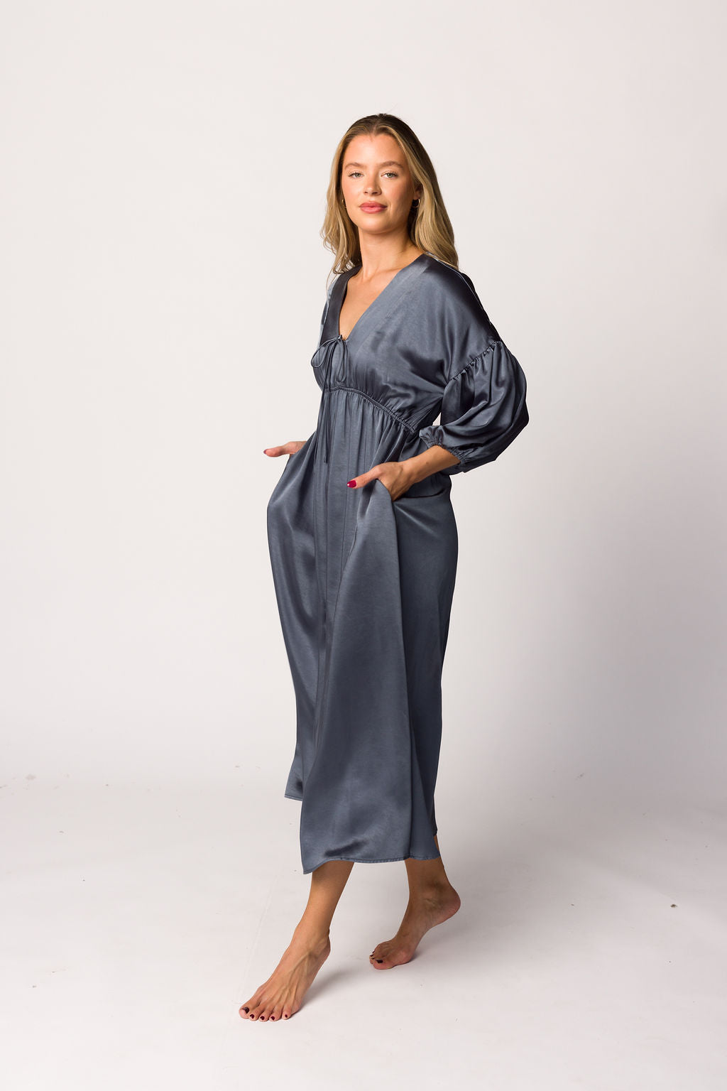Hunter Premium Satin Midi Dress in Blue Granite - Bump Friendly Maternity Dress for Women | Elegant & Comfortable for Pregnancy, Baby Showers, Weddings & Special Occasions