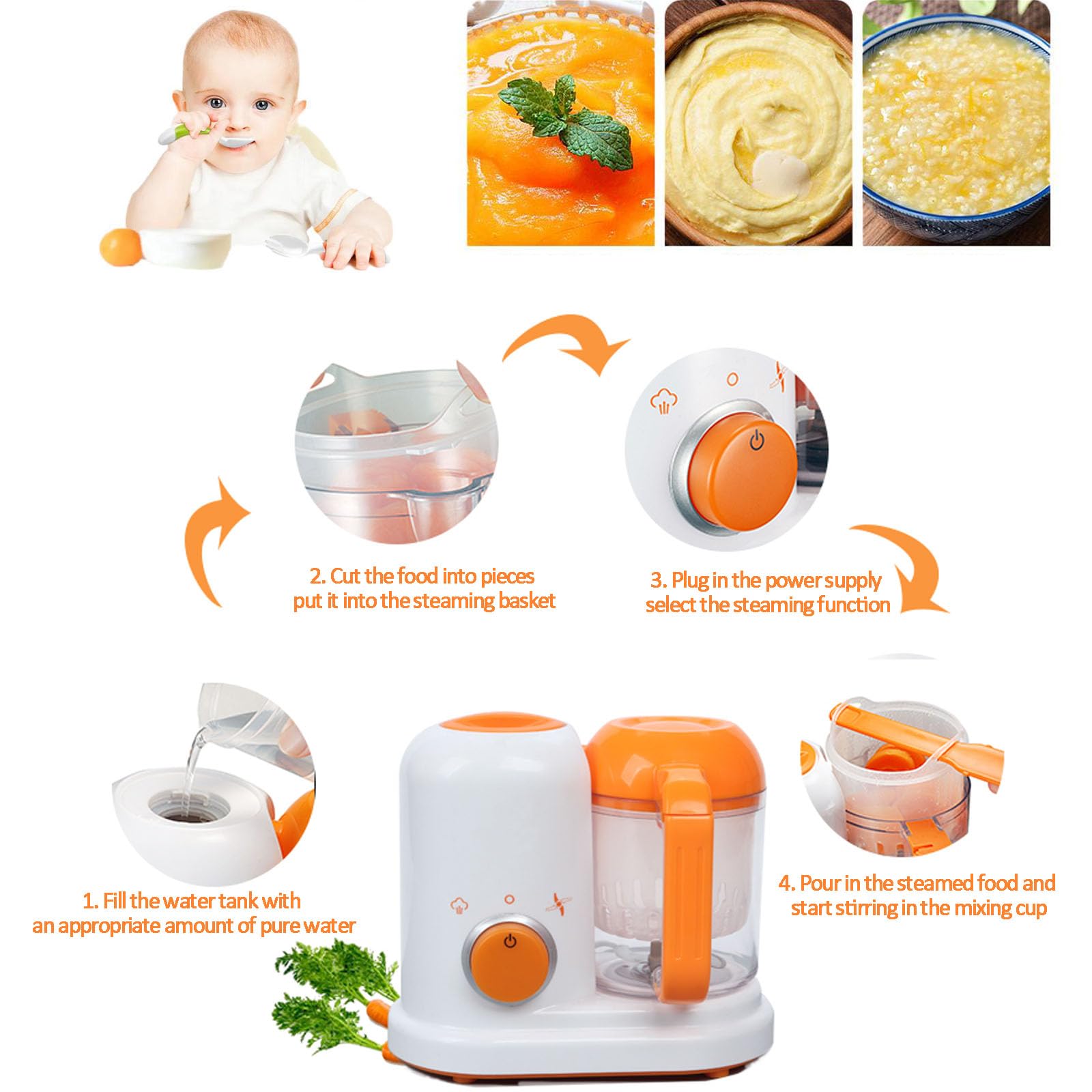 EEZD Baby Food Maker - 6-in-1 Multifunctional Infant Food Processor with Steamer, Blender, Puree Maker & Grinder | Easy to Use Toddler Cooking Machine | Perfect for Homemade Baby Purees, Smoothies & Healthy Snacks | Orange