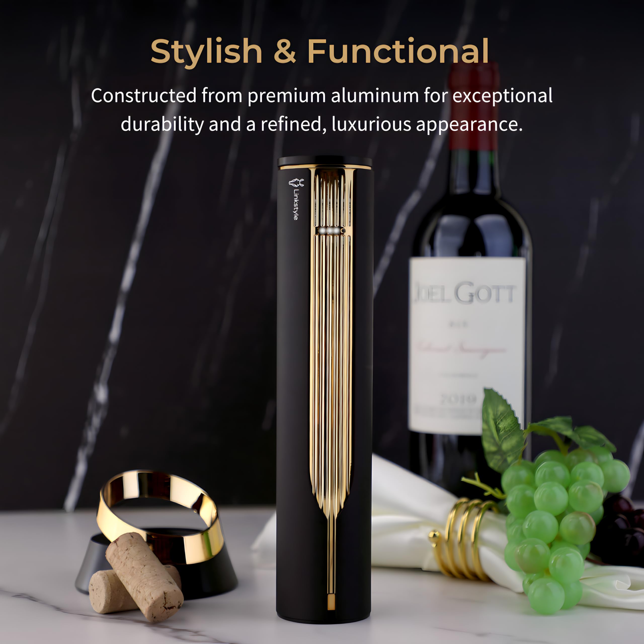 LINKSTYLE Electric Wine Opener - Automatic Wine Bottle Opener with Charging Base & Stainless Steel Foil Cutter, Rechargeable Corkscrew for Easy Opening - Perfect Wine Gift for Women & Men (Gold) - Ideal for Dinner Parties, Weddings & Home Entertaining