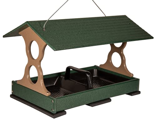 JC's Wildlife Large Fly-Thru Bird Feeder - Green & Tan Platform Feeder with Removable Seed Tray, Drainage Holes & 8-Cup Capacity - Easy to Clean for Backyard Bird Watching & Garden Decoration