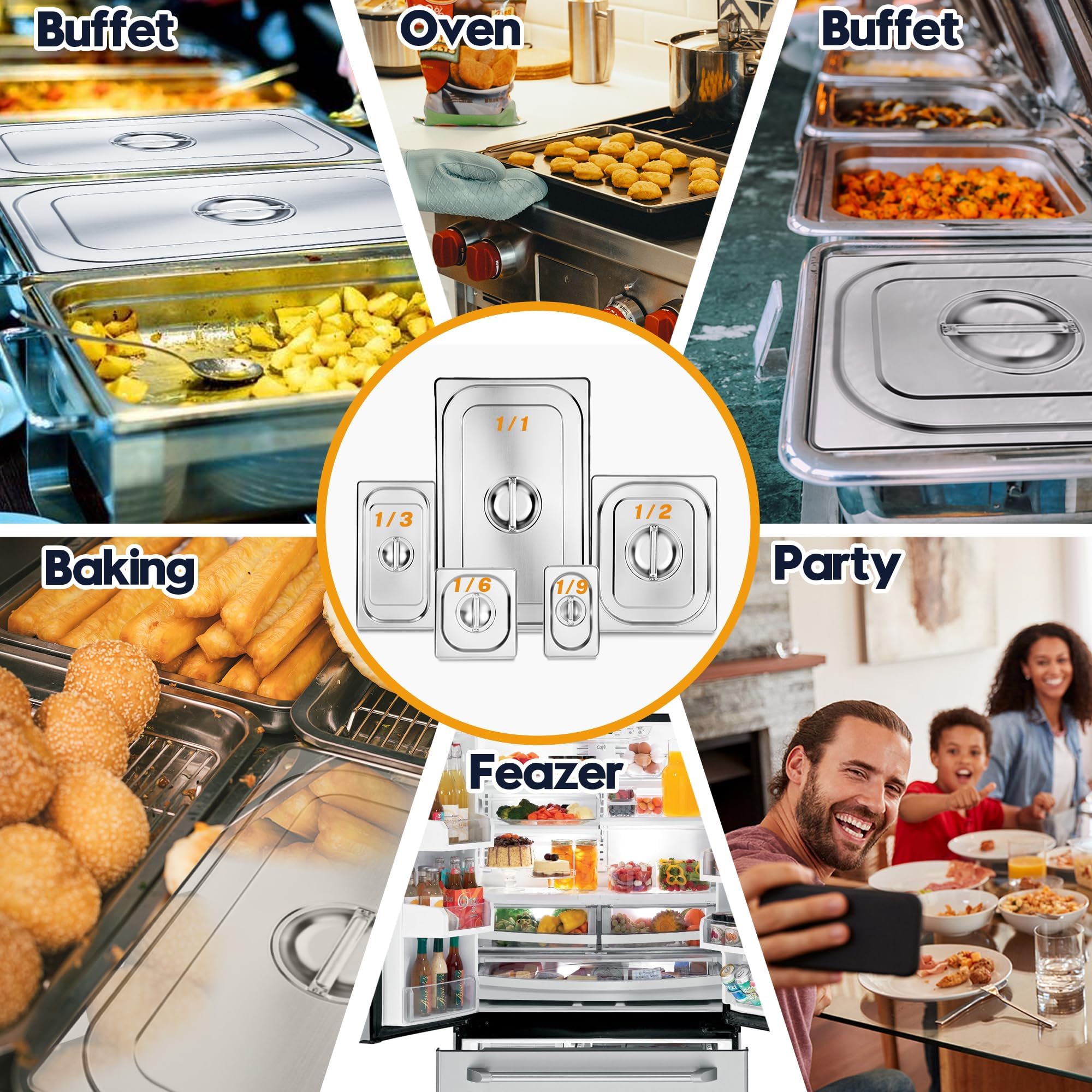 FUSON 4-Pack 1/3 Size Stainless Steel Steam Table Pan Covers with Handles - NSF Certified Commercial Food Pan Lids for Hotel Pans & Steam Food Pans - Perfect for Restaurants, Catering & Buffet Service