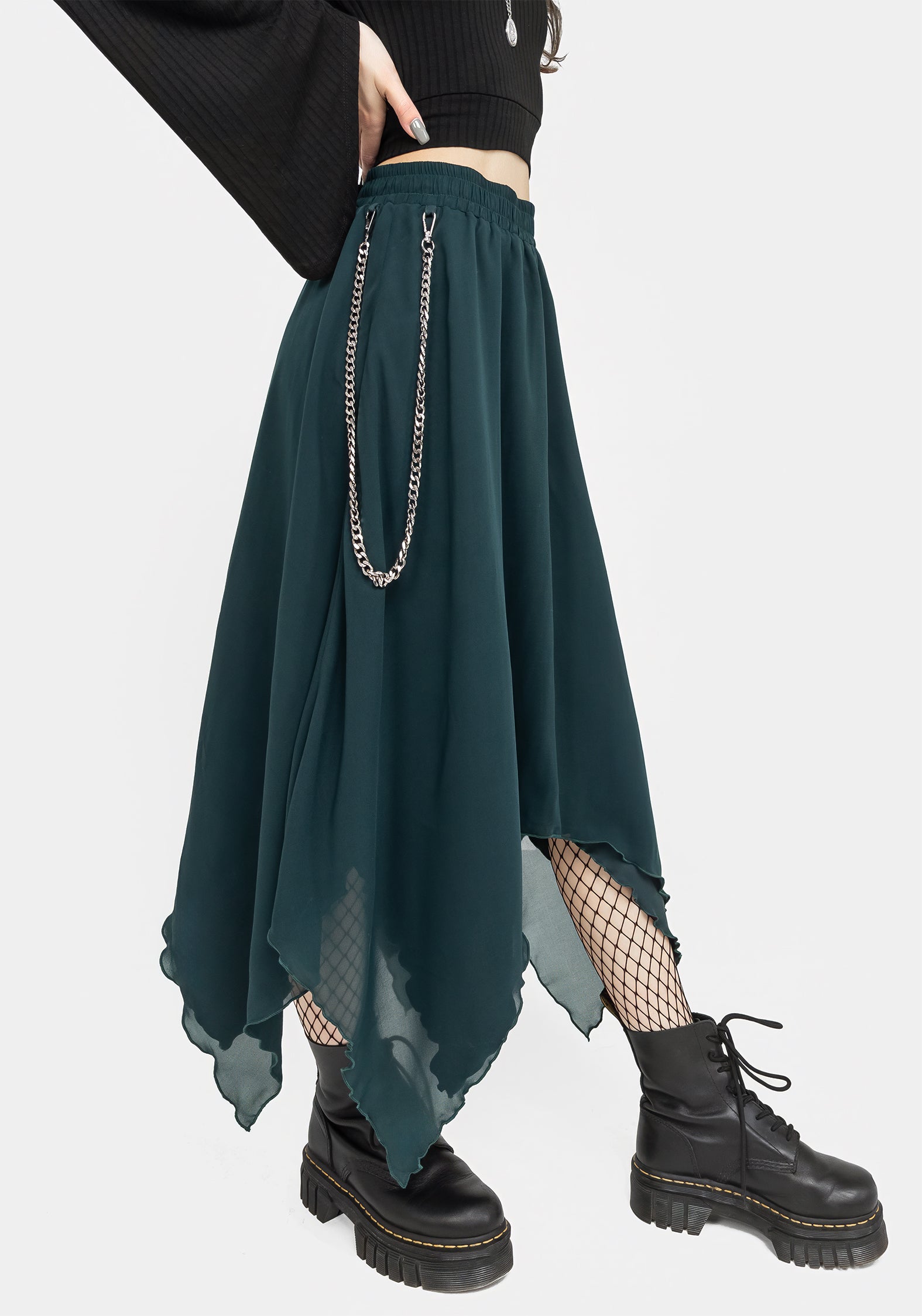 Levitate Chain Detail Midi Skirt - Women's Green Flowy Skirt for Casual Wear, Office & Party Outfits | Perfect for Spring & Summer Fashion