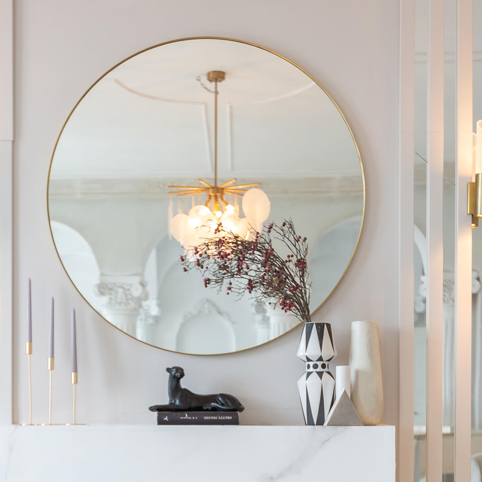 48 Inch Round Wall Mirror with Gold Metal Frame - Modern Circle Vanity Mirror for Bathroom, Entryway, Dorm & Bedroom - HD Reflective Wall-Mounted Mirror for Home Decor & Makeup Area