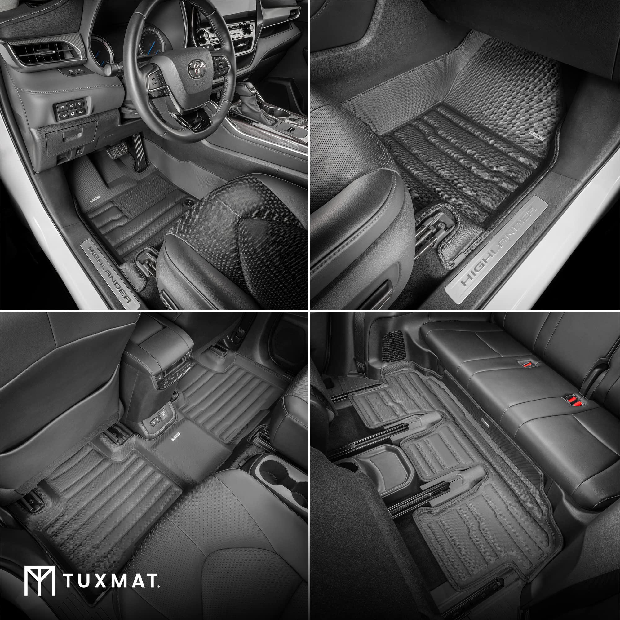 Premium TuxMat Custom Fit All-Weather Floor Mats for 2020-2025 Toyota Highlander Hybrid 7-Seater - Laser-Measured Maximum Coverage Car Floor Liners (Full Set 1st/2nd/3rd Row) - Perfect for Family Road Trips, Winter Protection & Daily Commuting