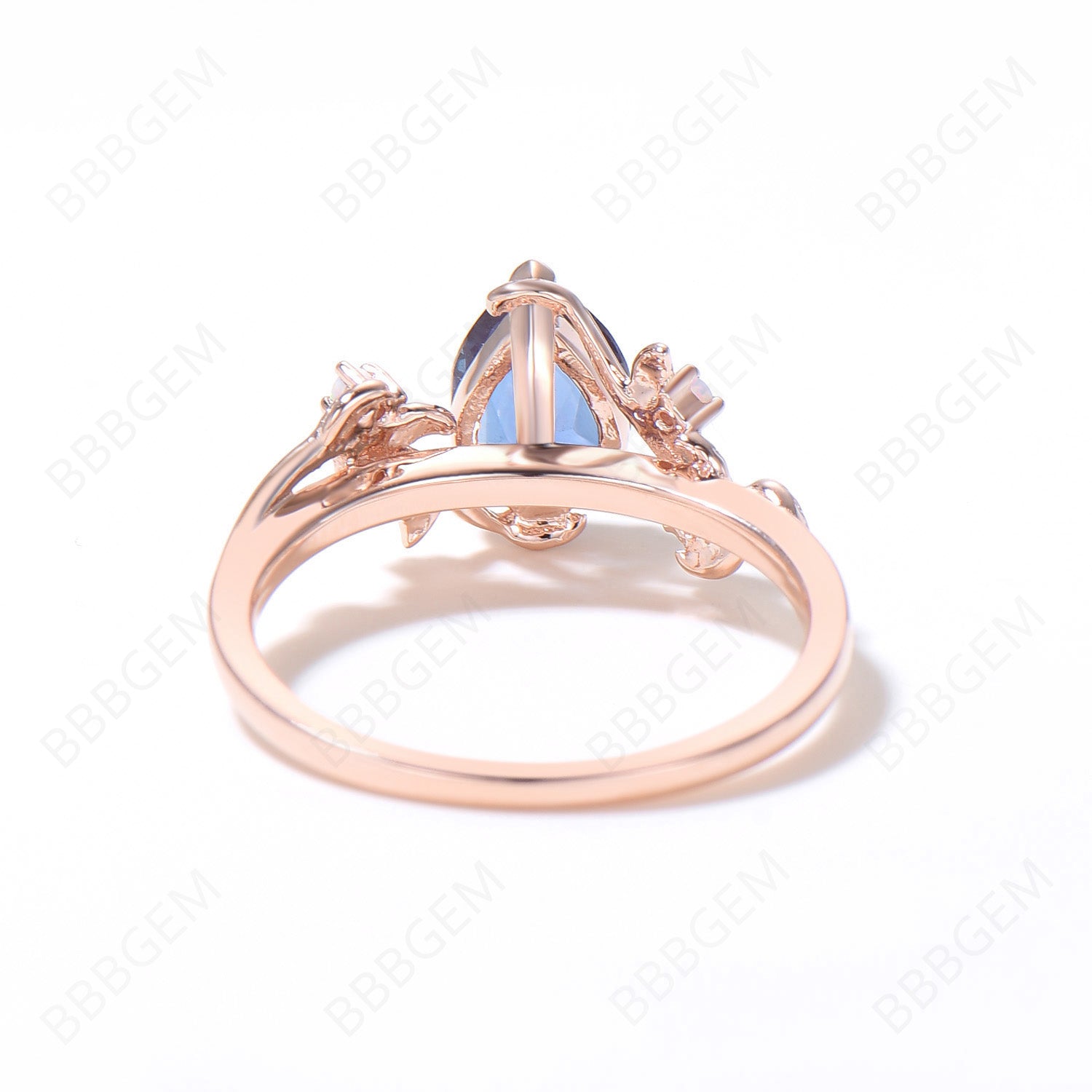 14K Rose Gold Pear Shaped Alexandrite Engagement Ring with Twig Leaf Design & Opal Accents - June Birthstone Jewelry for Proposal, Anniversary & Special Occasions