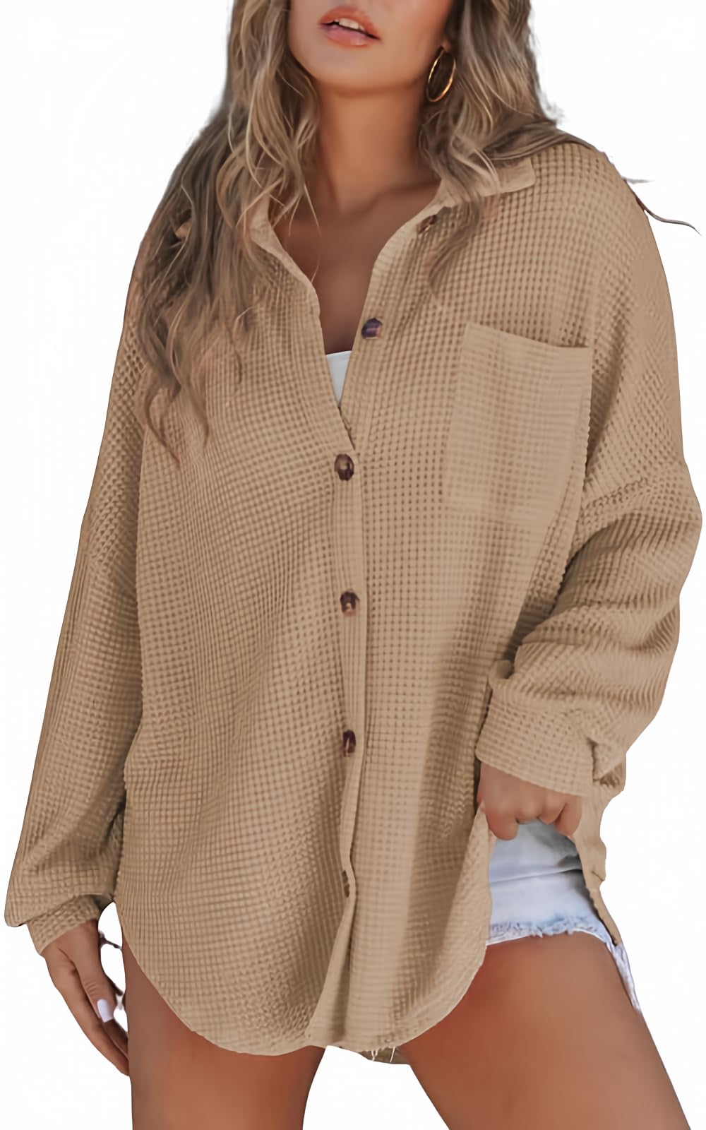 SHEWIN Women's Waffle Knit Button Down Shirt - Casual Long Sleeve Shacket Jacket, Boyfriend Style Loose Fit Blouse for Everyday Wear, Office & Date Nights