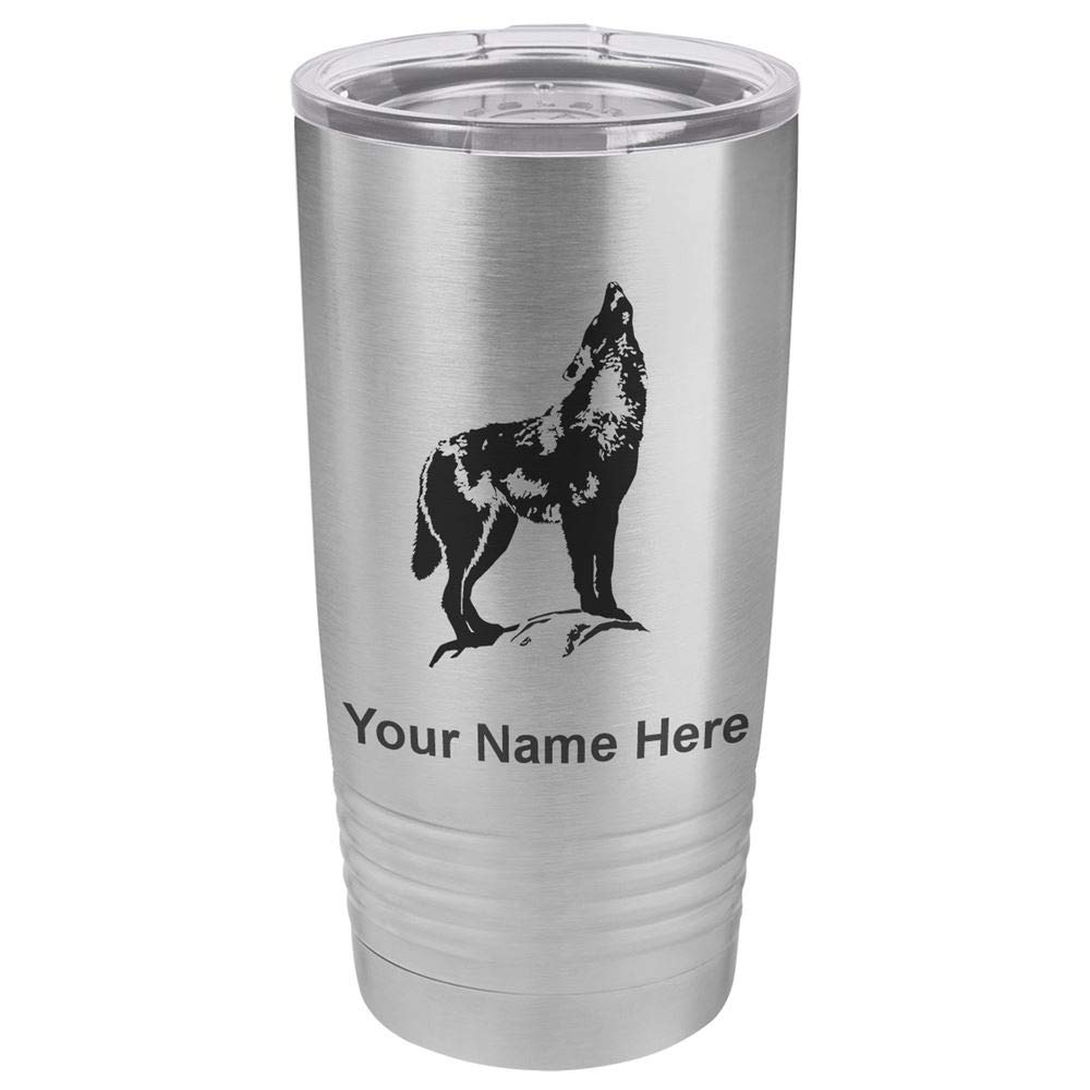 LaserGram 20oz Stainless Steel Vacuum Insulated Tumbler Mug with Howling Wolf Design - Personalized Engraving Included - Keeps Drinks Hot/Cold for Hours - Perfect for Camping, Office & Outdoor Activities