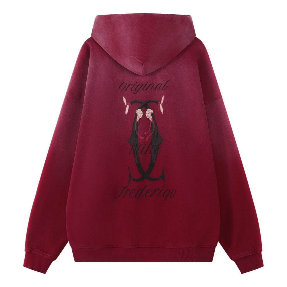 ORI FREDERIQO Washed Printed Terry Hooded Sweatshirt for Men - Red Cotton Pullover Hoodie for Casual Wear, Street Style & Loungewear