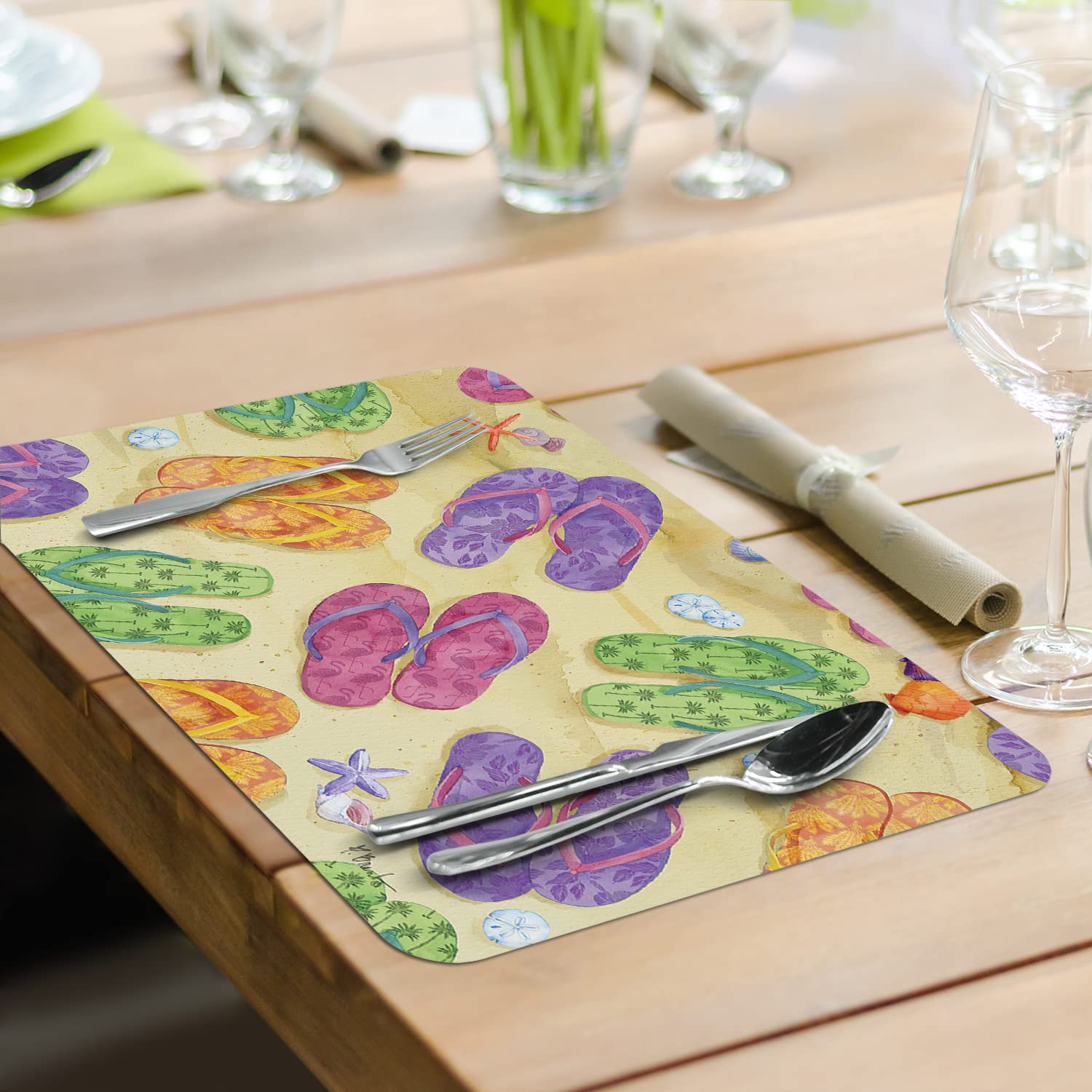 CounterArt Toes in The Sand 4 Pack Reversible Plastic Placemats - Durable, Easy-Clean & Flexible for Dining Table, Kitchen, Picnic & Outdoor Use