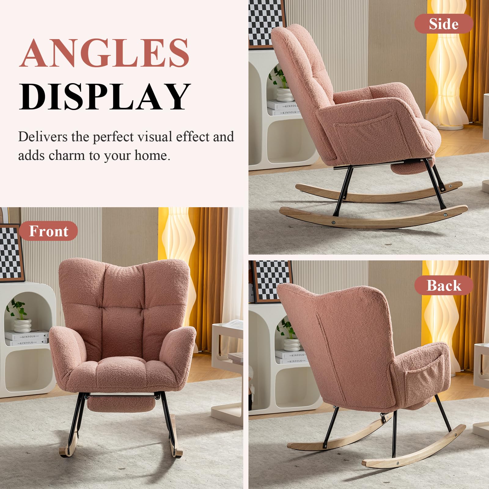 NIOIIKIT Nursery Rocking Chair - Teddy Upholstered Glider Chair with Adjustable Footrest, Padded Recliner & High Back Support - Pink Rocker Recliner for Nursery, Baby Room, Breastfeeding & Reading (Perfect for New Moms & Nursery Decor)
