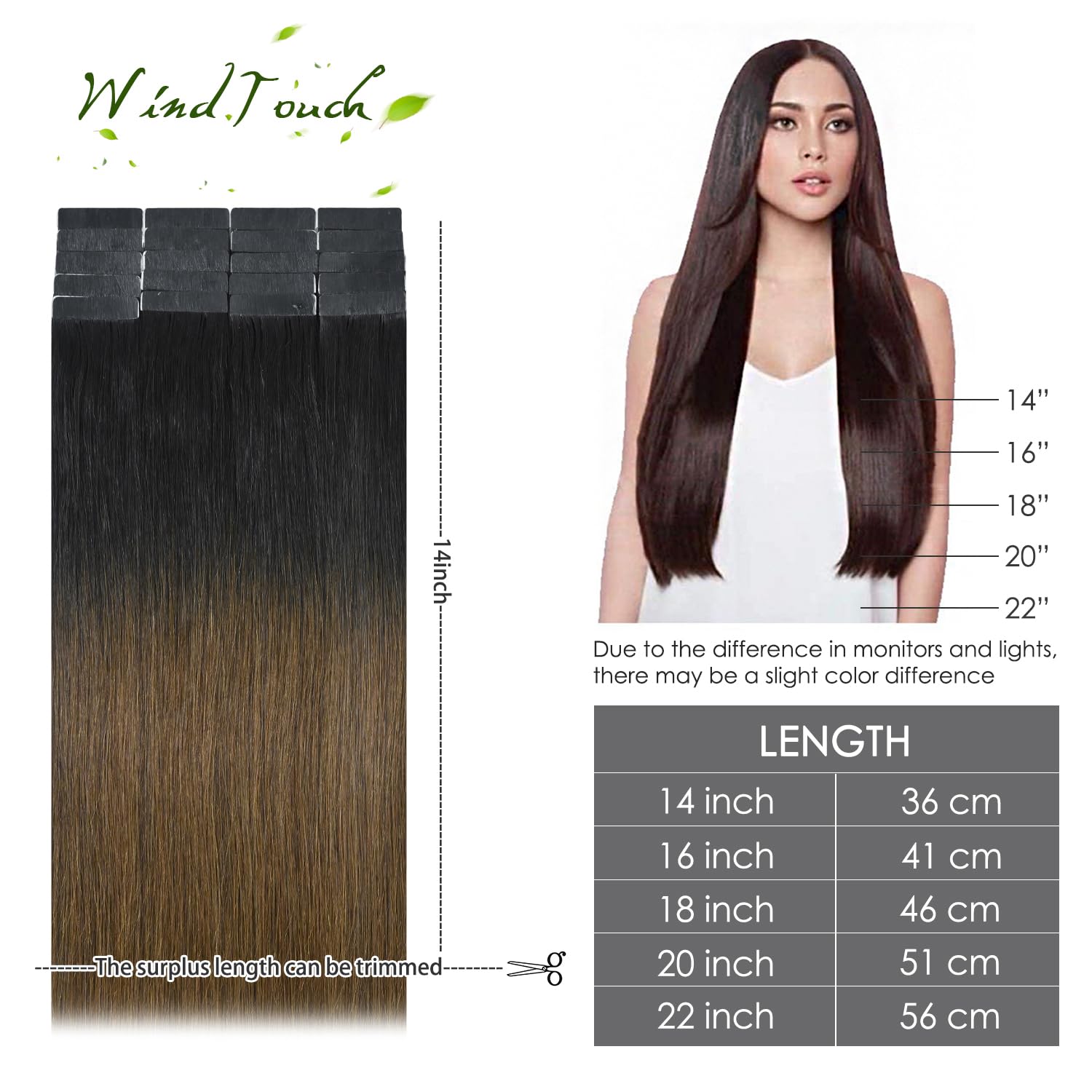 WindTouch Tape in Human Hair Extensions 16 Inch - Balayage Ombre Black to Chocolate Brown, 50g 20pcs, Remy Hair, Glue-Free, Thick Full Ends for Natural Look | Perfect for Daily Wear, Parties, Weddings & Special Occasions