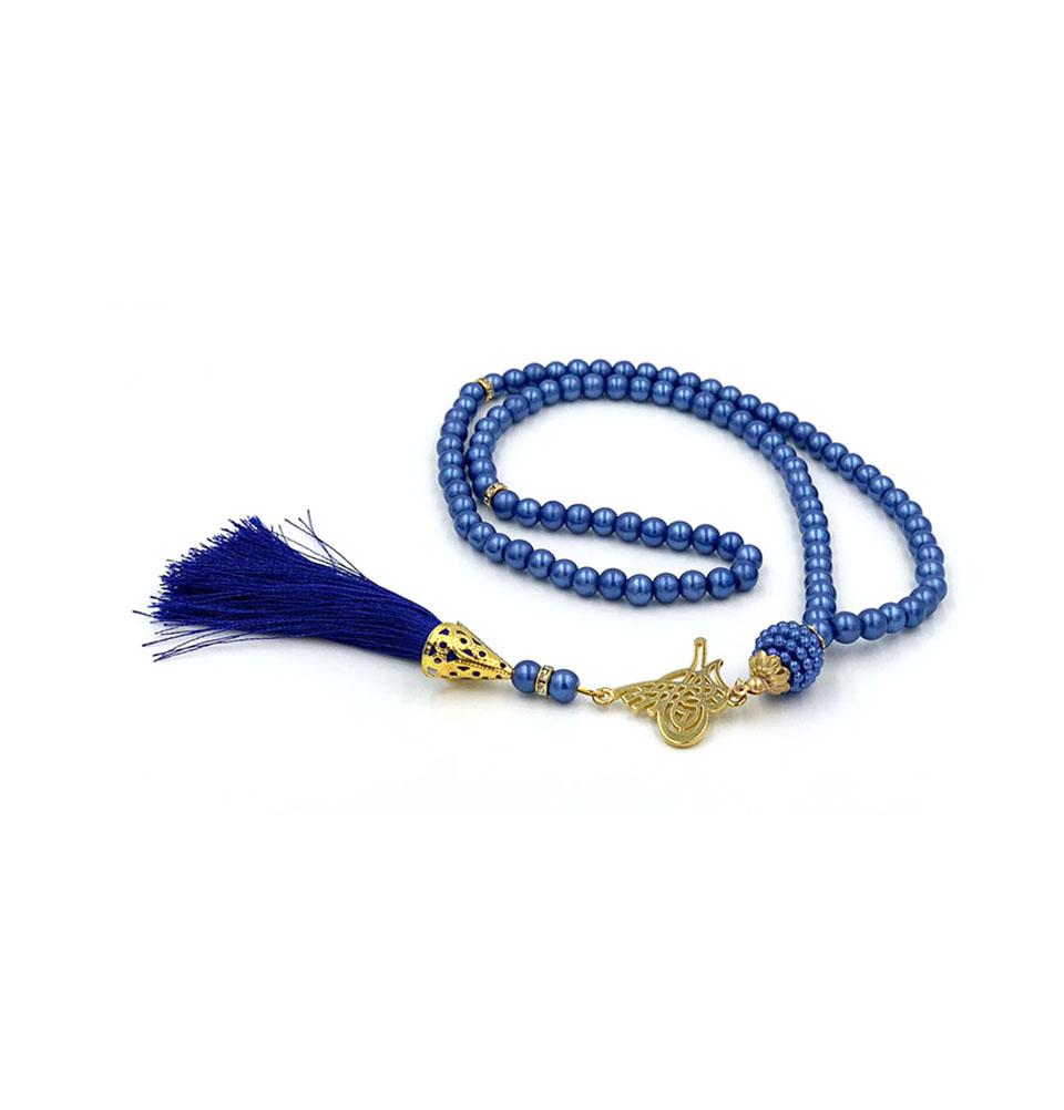 99-Count Blue Acrylic Islamic Prayer Beads with Pearl Design & Tughra Tassel - Perfect for Dhikr, Meditation & Spiritual Practice
