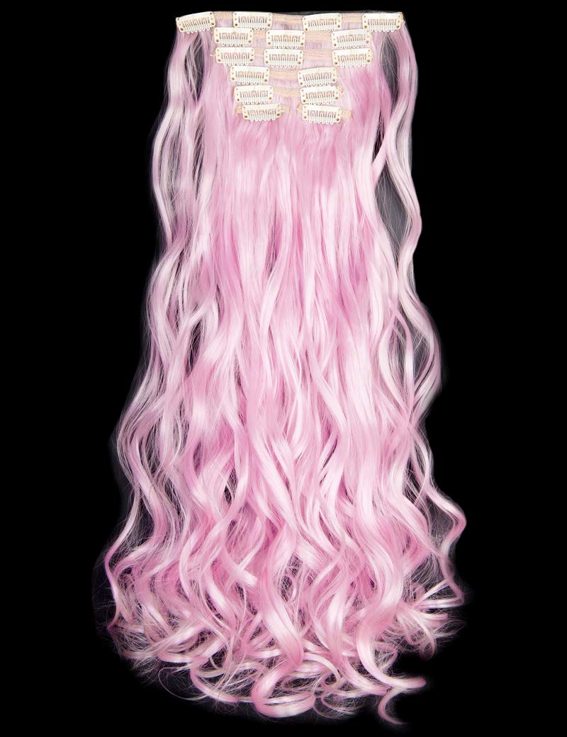 LELINTA 7Pcs 16 Clips 24 Inch Wavy Curly Clip-in Hair Extensions - Double Weft Full Head Human Hair - Light Pink for Volume & Length - Perfect for Parties, Weddings & Daily Styling