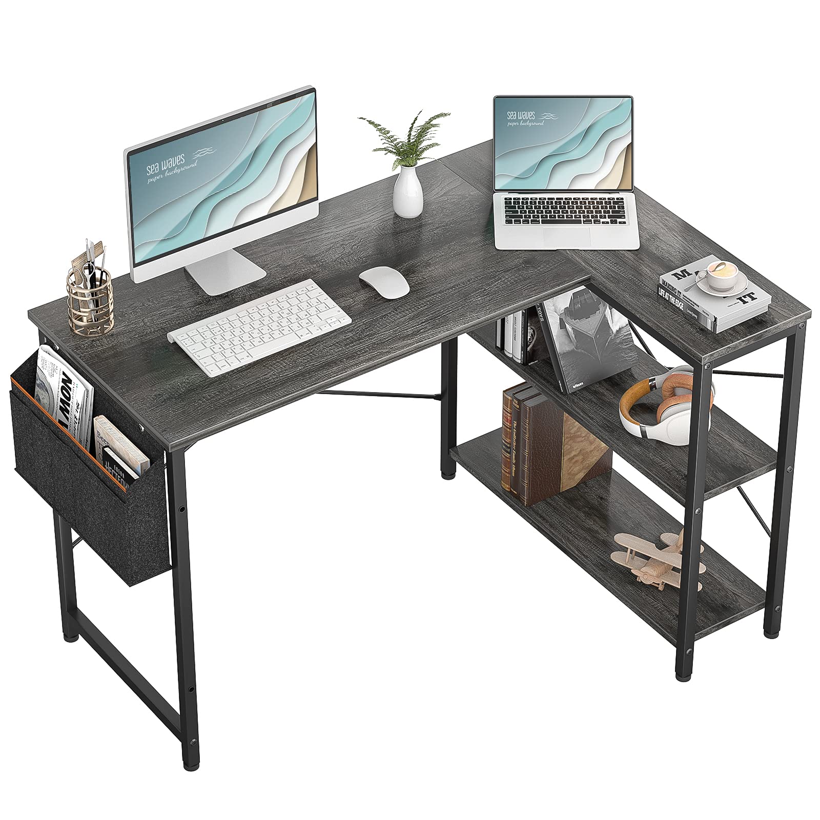 Homieasy 47 Inch L Shaped Computer Desk with Reversible Storage Shelves - Modern Corner Desk for Home Office, Study or Gaming Station - Space-Saving Writing Table with Storage Bag (Black Oak) - Perfect for Small Spaces & Work from Home Setup