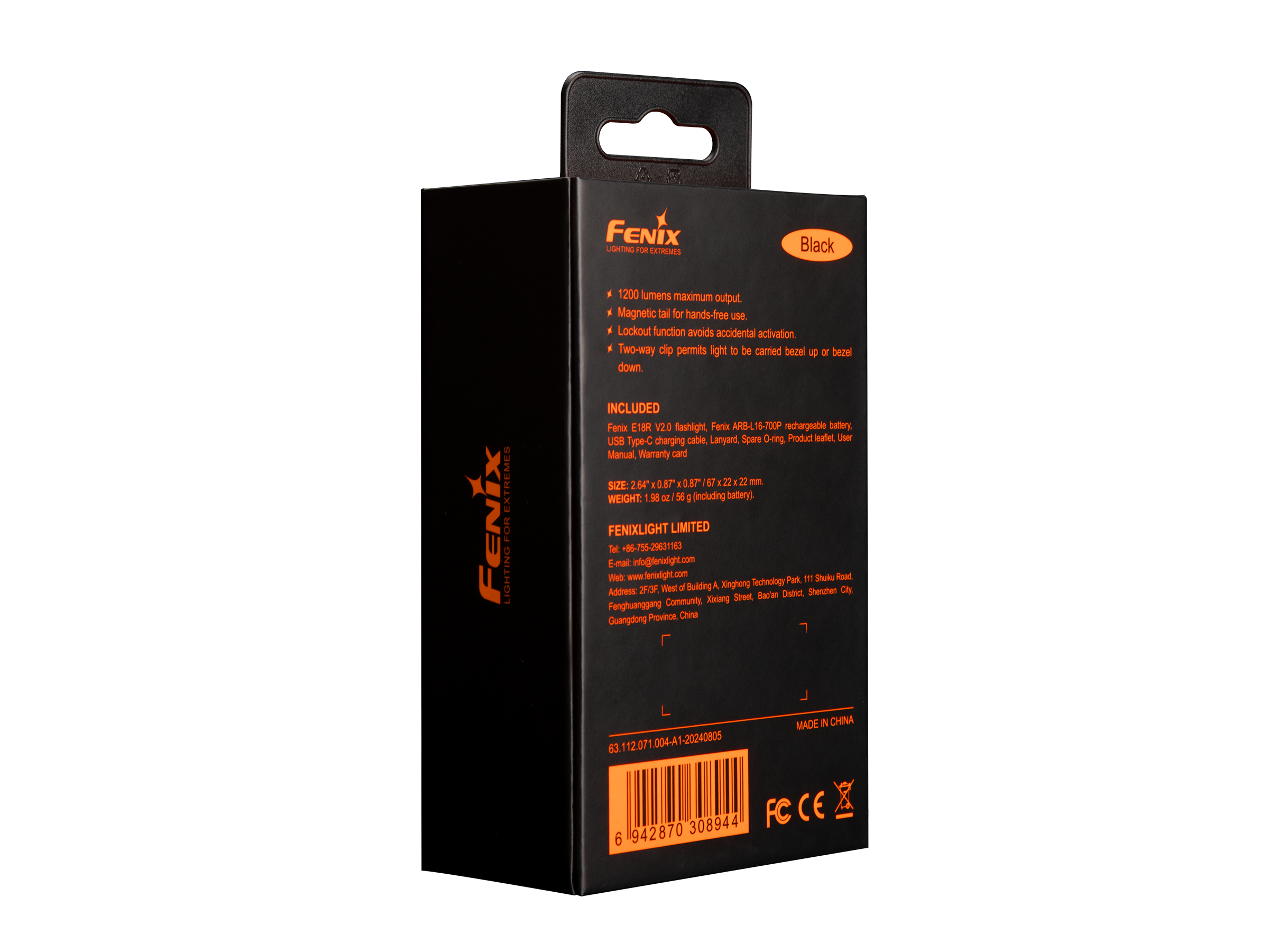 Fenix E18R V2 Rechargeable LED Flashlight - 1200 Lumens, USB-C, Compact EDC Light for Camping, Hiking & Emergency Use