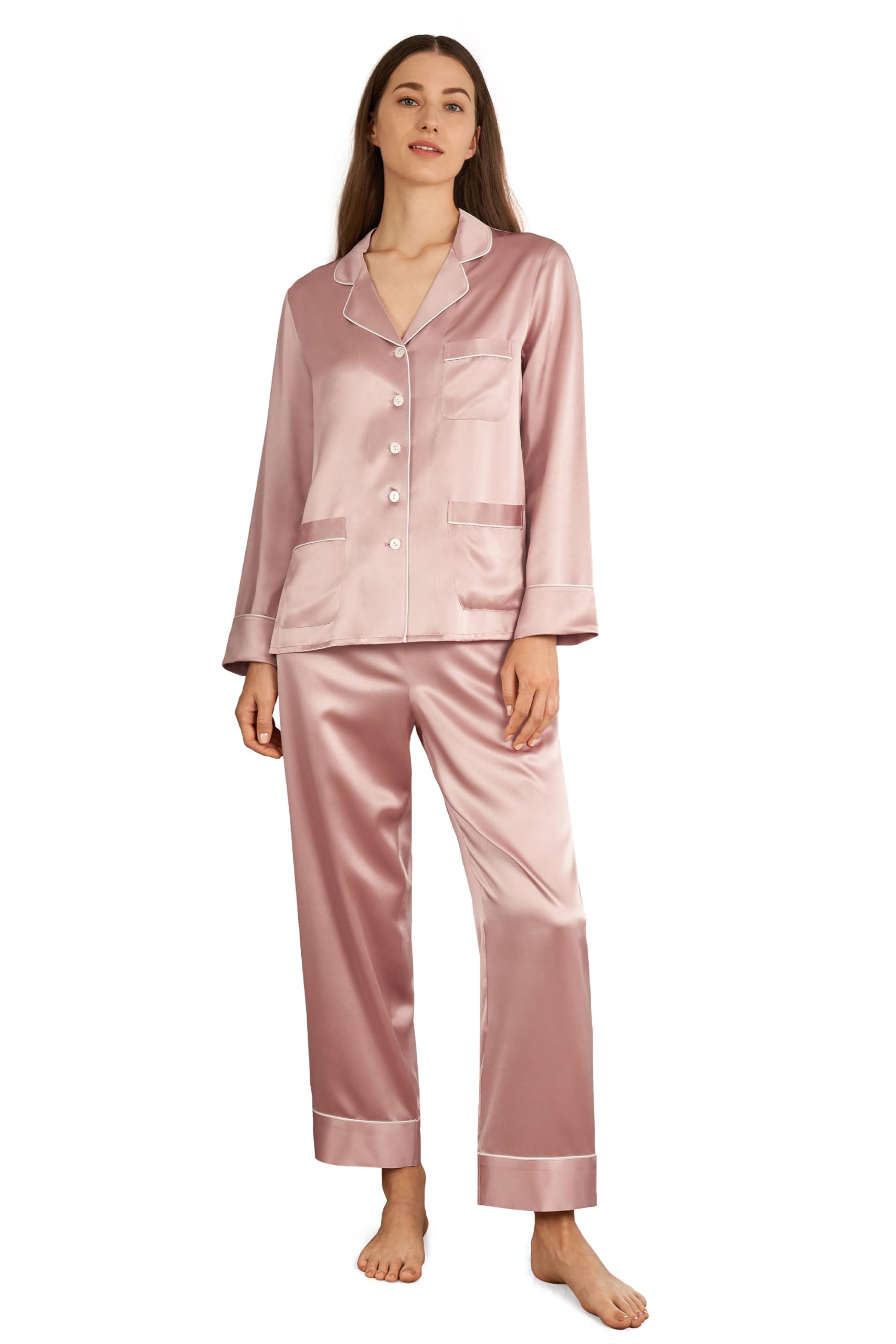 LilySilk Women's Long Sleeve Silk Pajama Set - V Neck Notched Collar with White Trim - Luxurious Sleepwear for Comfortable Nights & Relaxing Evenings at Home