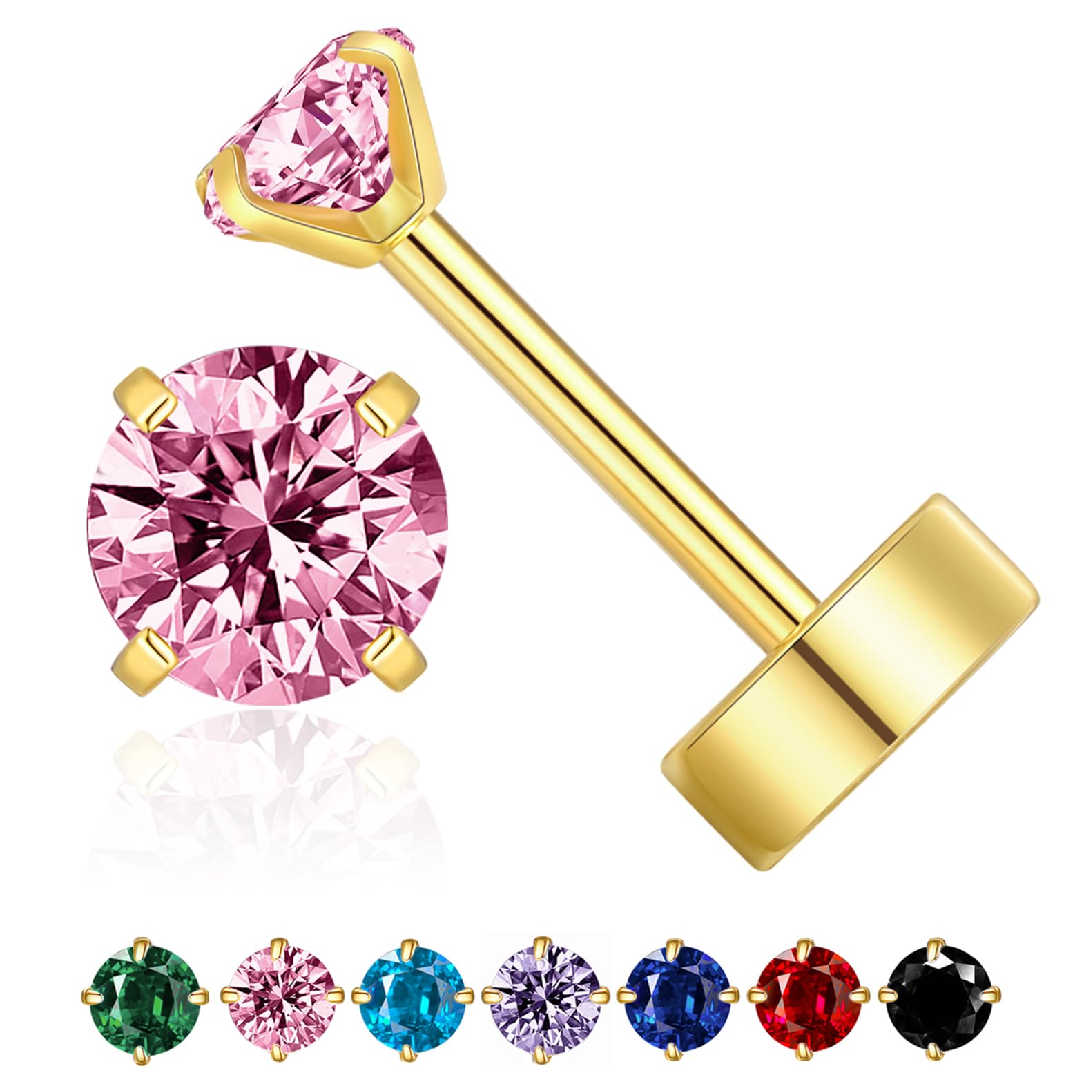14K Gold Small Flat Back Earrings for Women - Hypoallergenic Cartilage Studs for Helix, Conch & Tragus Piercing - Screw Back Tiny Stud Earrings with Pink Crystal - Perfect for Daily Wear & Special Occasions