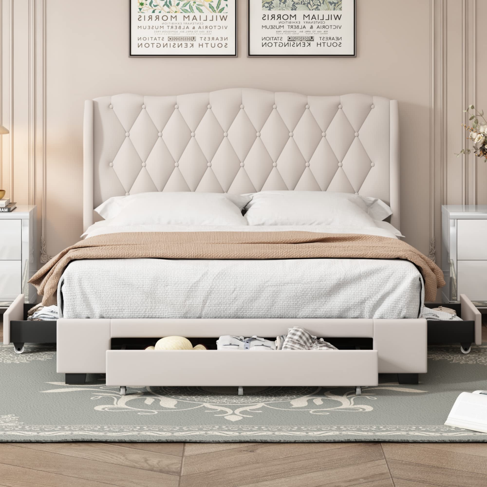 Flieks 4-Piece Queen Size Bedroom Set - Upholstered Bed with 3 Drawers, High Gloss Mirrored Nightstands & Dresser with Metal Handles - Beige Modern Bedroom Furniture for Master Bedroom or Guest Room