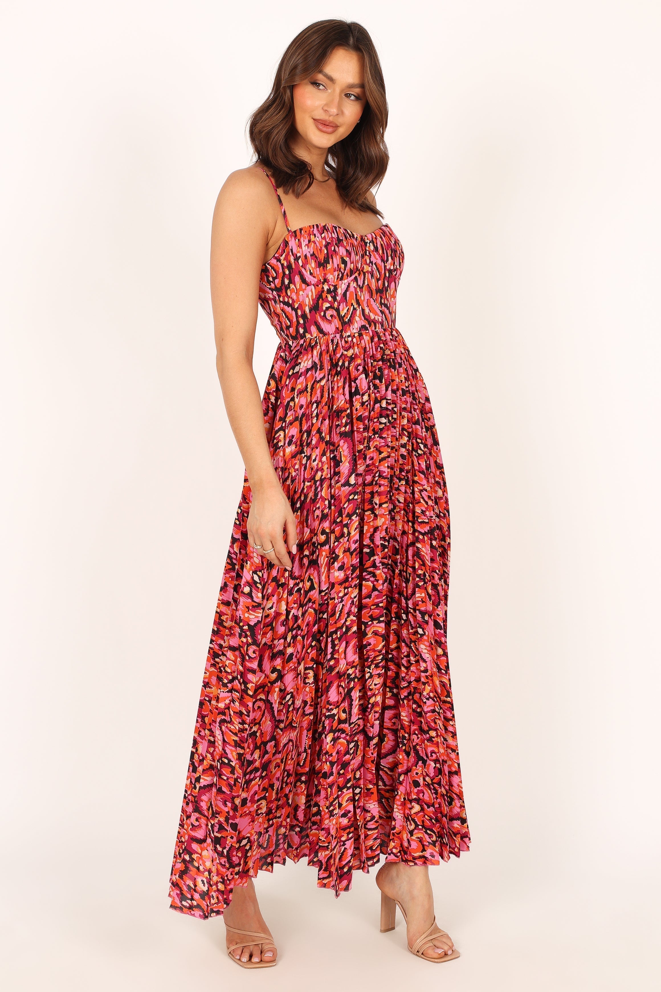 Achanti Women's Pleated Maxi Dress - Flowy Long Summer Dress with Side Slits, Pink Multi Color Floral Print, Boho Chic Style for Beach, Vacation & Special Occasions