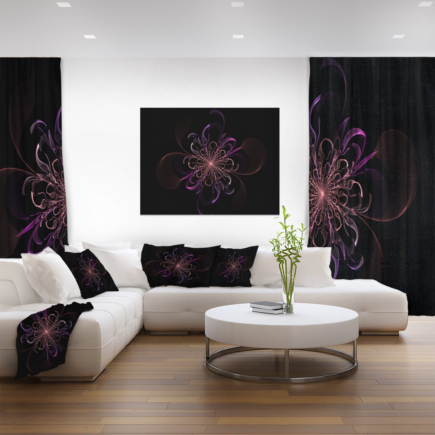 Pink Rounded Fractal Flower Black Floral Canvas Art Print - Modern Wall Decor for Living Room, Bedroom & Office