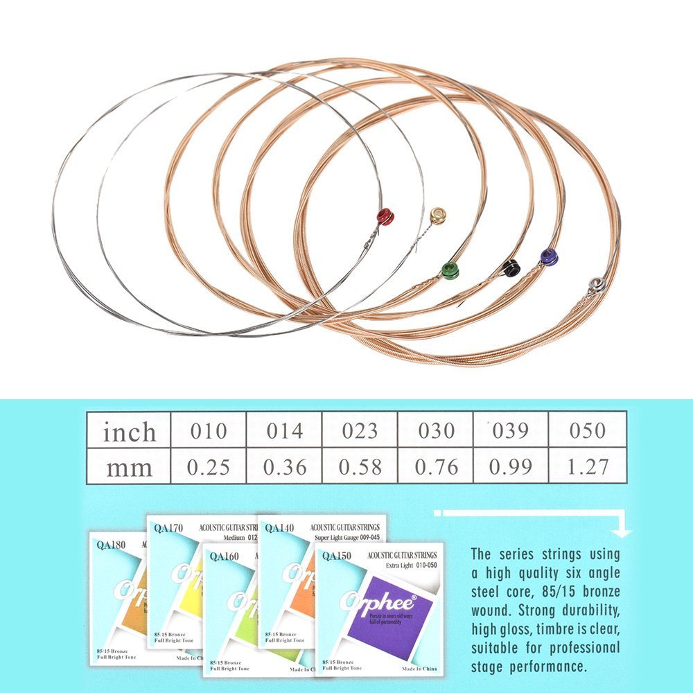 Orphee QA150 Acoustic Guitar Strings 6-Pack Set (.010-.050) - 85/15 Bronze Wound, Hexagonal Steel Core, Extra Light Tension - Perfect for Folk, Country & Fingerstyle Playing