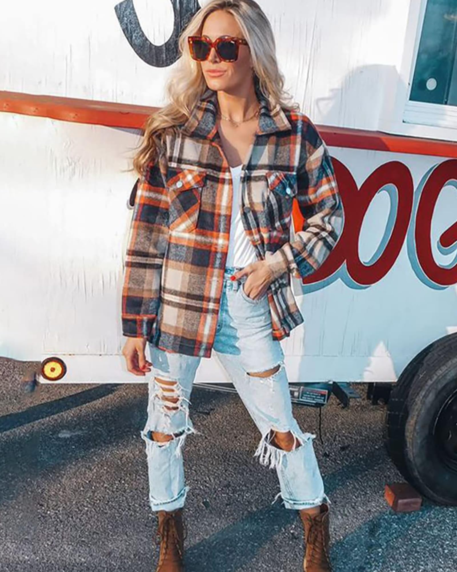 BTFBM Women's Plaid Flannel Shacket - Long Sleeve Button Down Casual Shirt Jacket for Fall & Spring | Loose Fit Blouse Top for Outdoor Activities, Work & Weekend Wear (2025 Fashion)