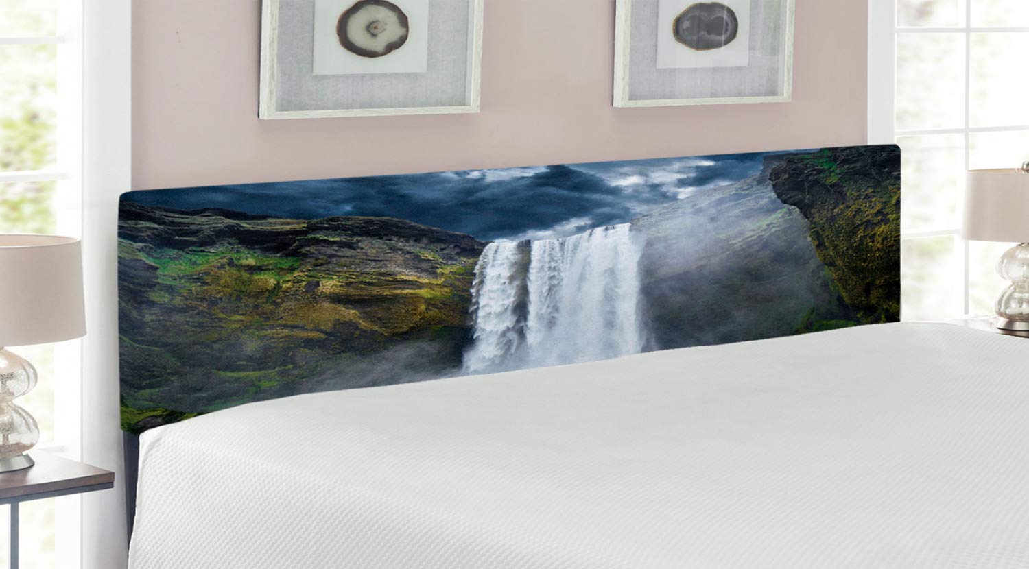 Ambesonne Waterfall Headboard - King Size Upholstered Metal Bed Frame with Memory Foam | Nature-Inspired Grand Cliffs Art Print in Green Blue White | Perfect for Master Bedroom Decor & Coastal Theme Home Design