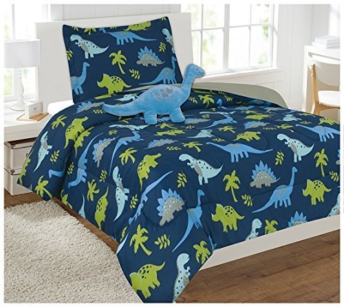 Premium Dinosaur Linen Comforter Set - Twin Size Blue & Light Blue Grey Green Bedding | Kids Room Decor, Boys Bedroom Theme, Dinosaur Nursery, Cozy Sleep Solution