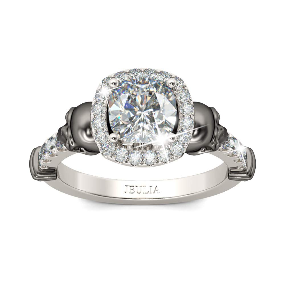 Jeulia 3.4 Carat Cushion Cut Halo Skull Engagement Ring - 925 Sterling Silver Wedding Band, Anniversary & Promise Ring for Women - Romantic Jewelry Gift for Her - Perfect for Proposals, Weddings & Special Occasions
