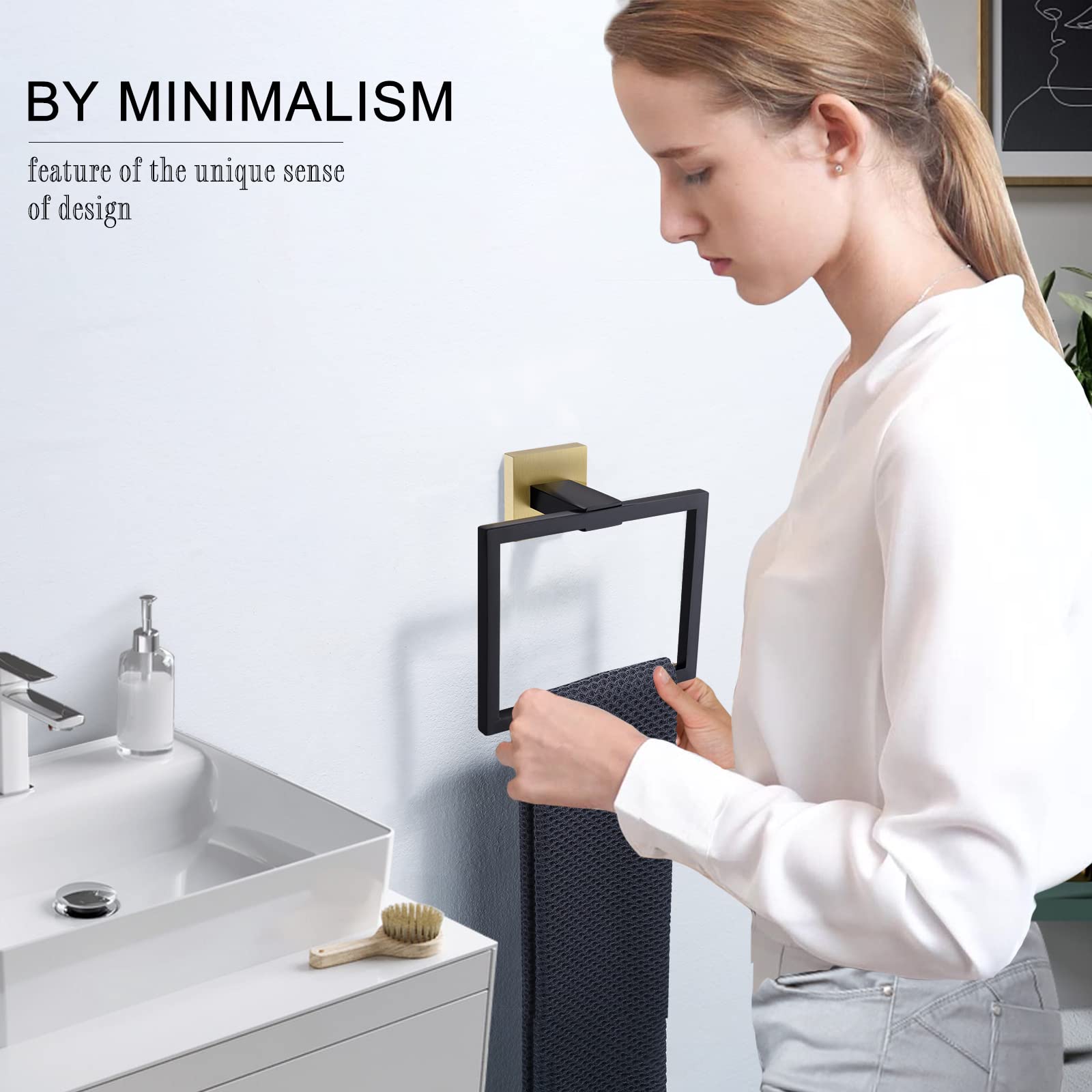 Black and Gold Stainless Steel Square Towel Ring - Wall Mounted Bathroom Hand Towel Holder for Modern & Luxury Home Decor - Perfect for Powder Rooms, Guest Bathrooms, and Spa-Style Vanities