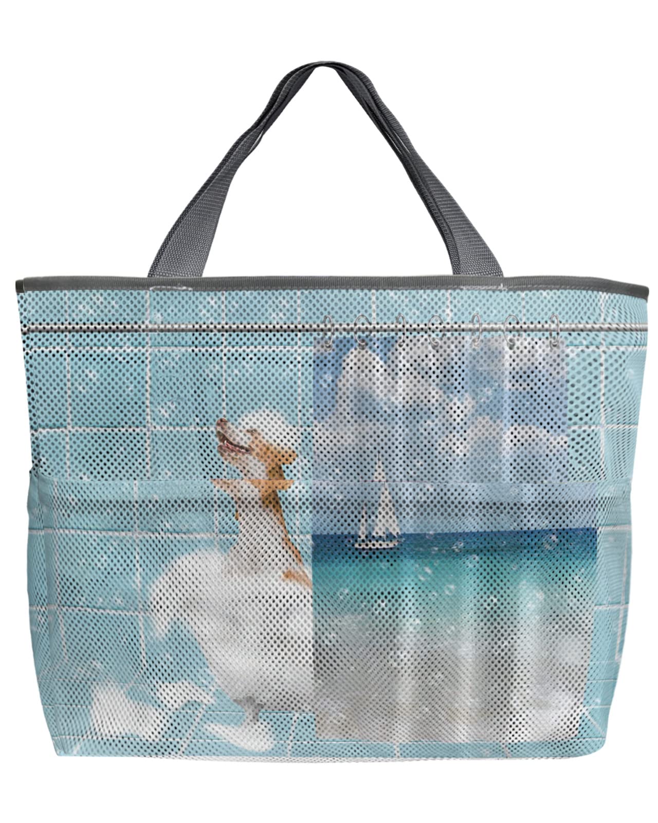 Extra Large Mesh Beach Bag - Waterproof Lightweight Foldable Tote with Pockets | Dog Bathing Shower Curtain Design | Perfect for Picnic, Travel, Shopping & Pet Bath Time