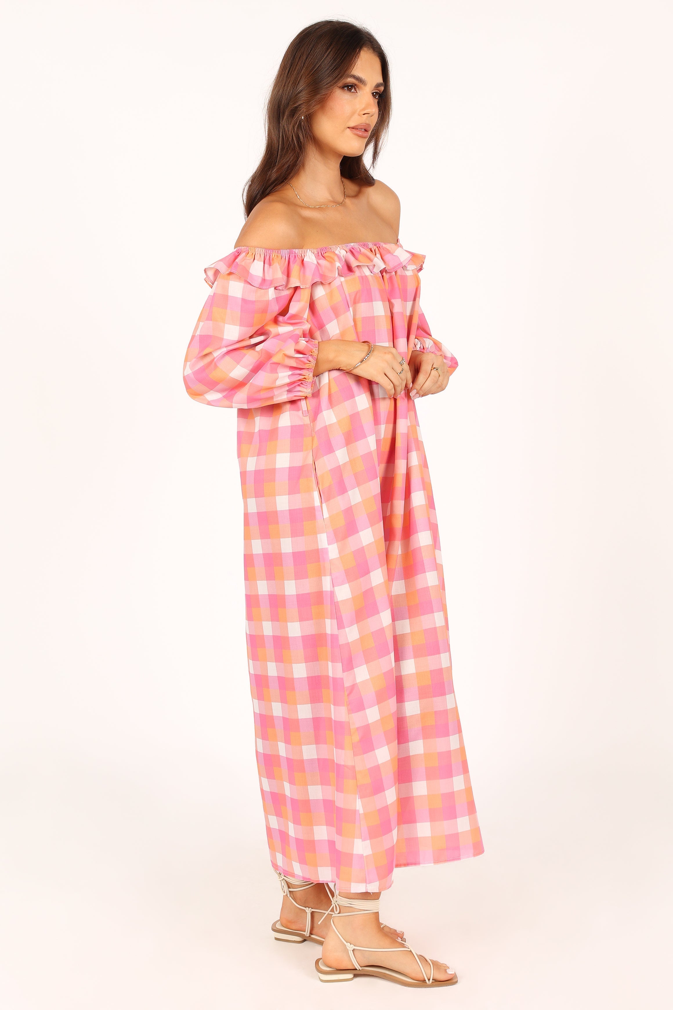 Georgia Off Shoulder Midi Dress - Pink Gingham Floral Summer Dress for Women, Perfect for Beach Vacation, Date Night & Outdoor Parties
