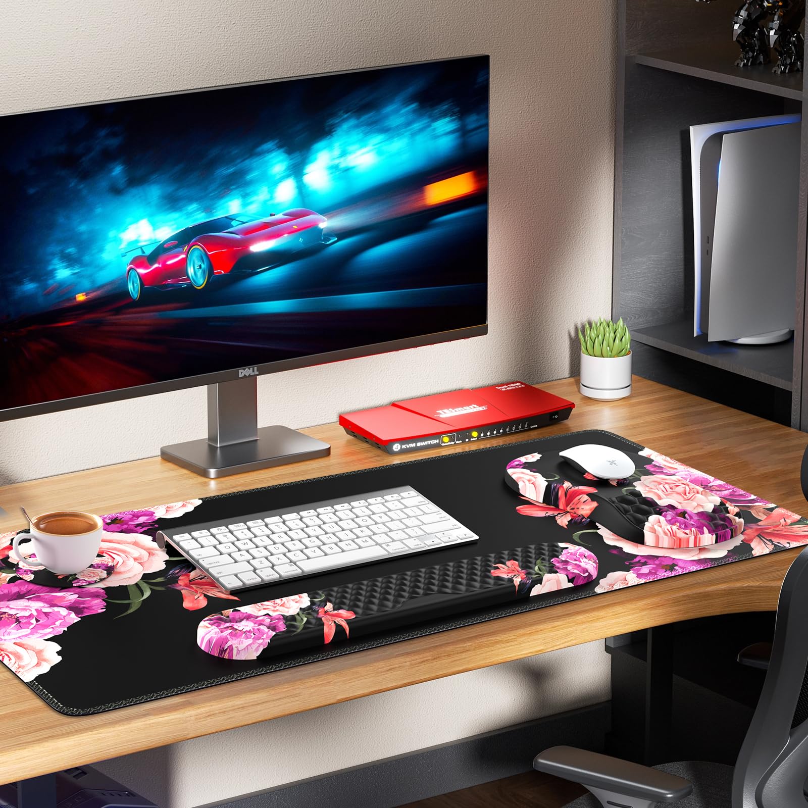 iLeadon 4-in-1 Ergonomic Mouse Pad Set with Memory Foam - Desk Mat, Wrist Rest Mouse Pad, Keyboard Wrist Rest & Coaster - Peony Flower Design for Home Office & Gaming Comfort (Great for Typing, Computer Work & Wrist Pain Relief)
