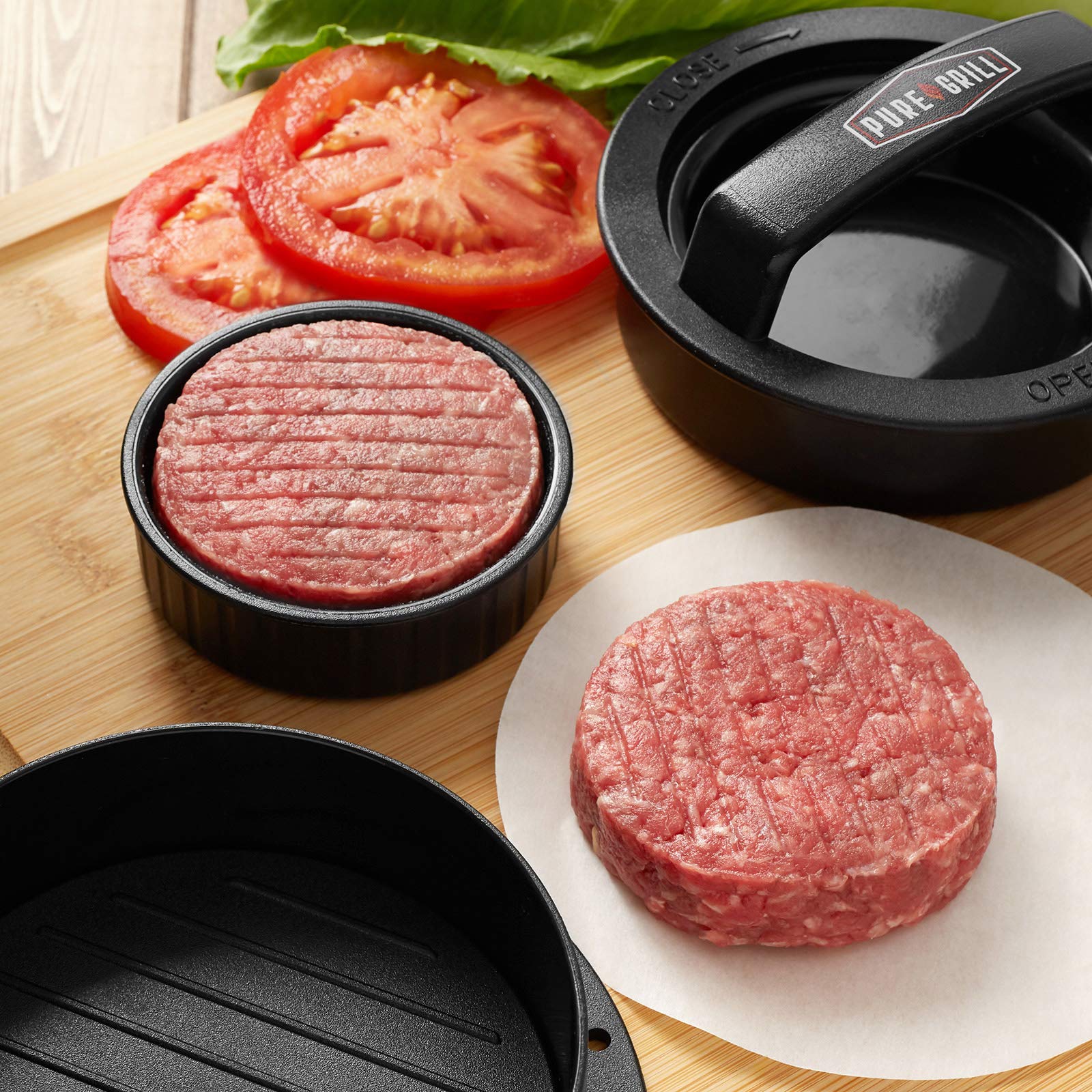 Pure Grill 3-in-1 Burger Press & Patty Maker with 100 Wax Papers - Perfect for BBQ, Grilling Hamburgers, Beef Patties, and Sliders | Ideal for Backyard Cookouts, Picnics, and Family Gatherings