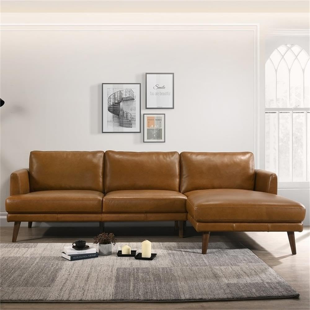 Pemberly Row Mid-Century Modern Genuine Leather Right-Facing Sectional Sofa in Tan | Premium Quality Leather Couch for Living Room, Lounge & Office | Stylish Comfortable Sectional for Home Decor