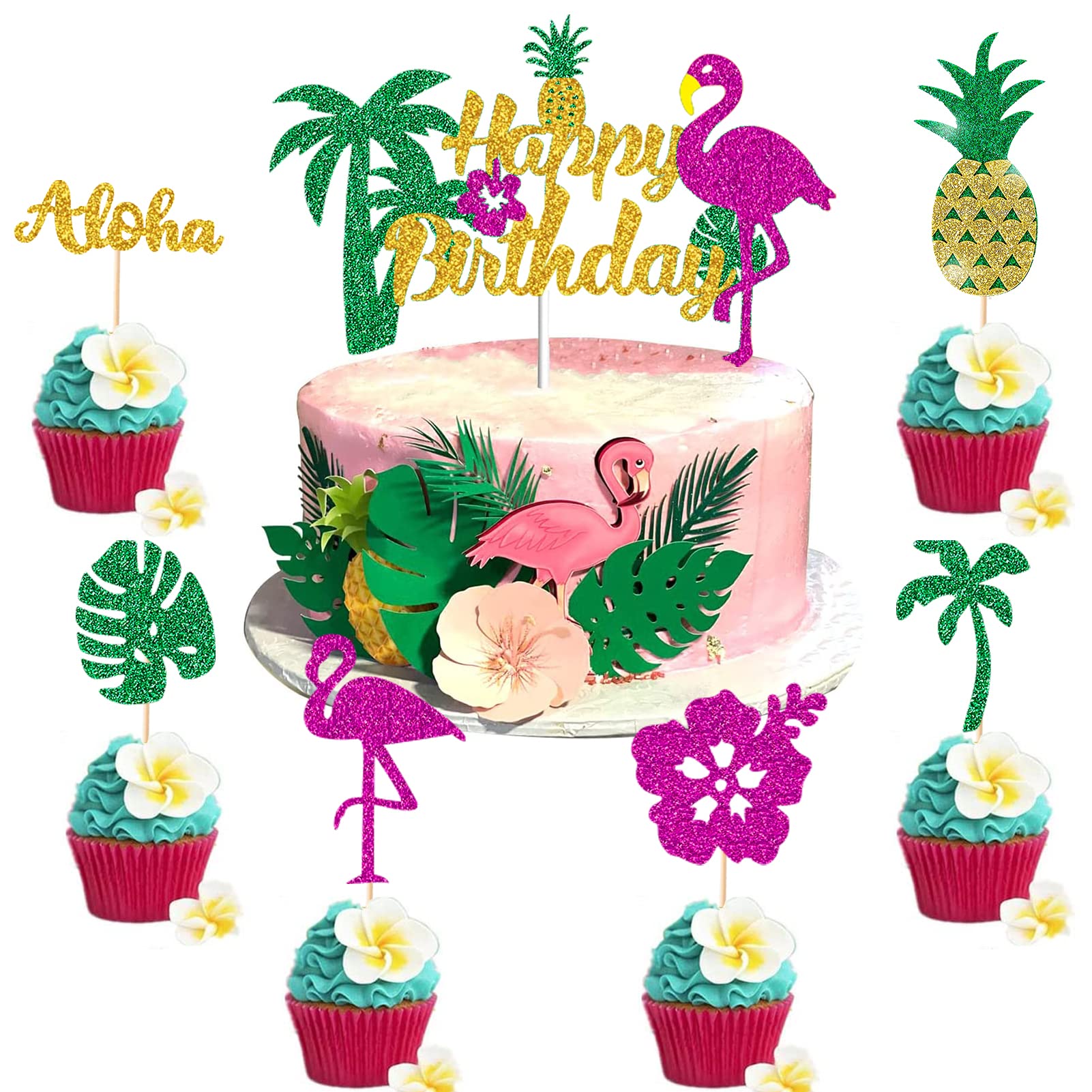25 Pcs Flamingo Cake Toppers - Happy Birthday Party Decorations for Girls, Boys & Kids - Hawaiian Aloha Theme Summer Cupcake Toppers - Perfect for Beach Parties, Luau Celebrations & Tropical Birthday Cakes