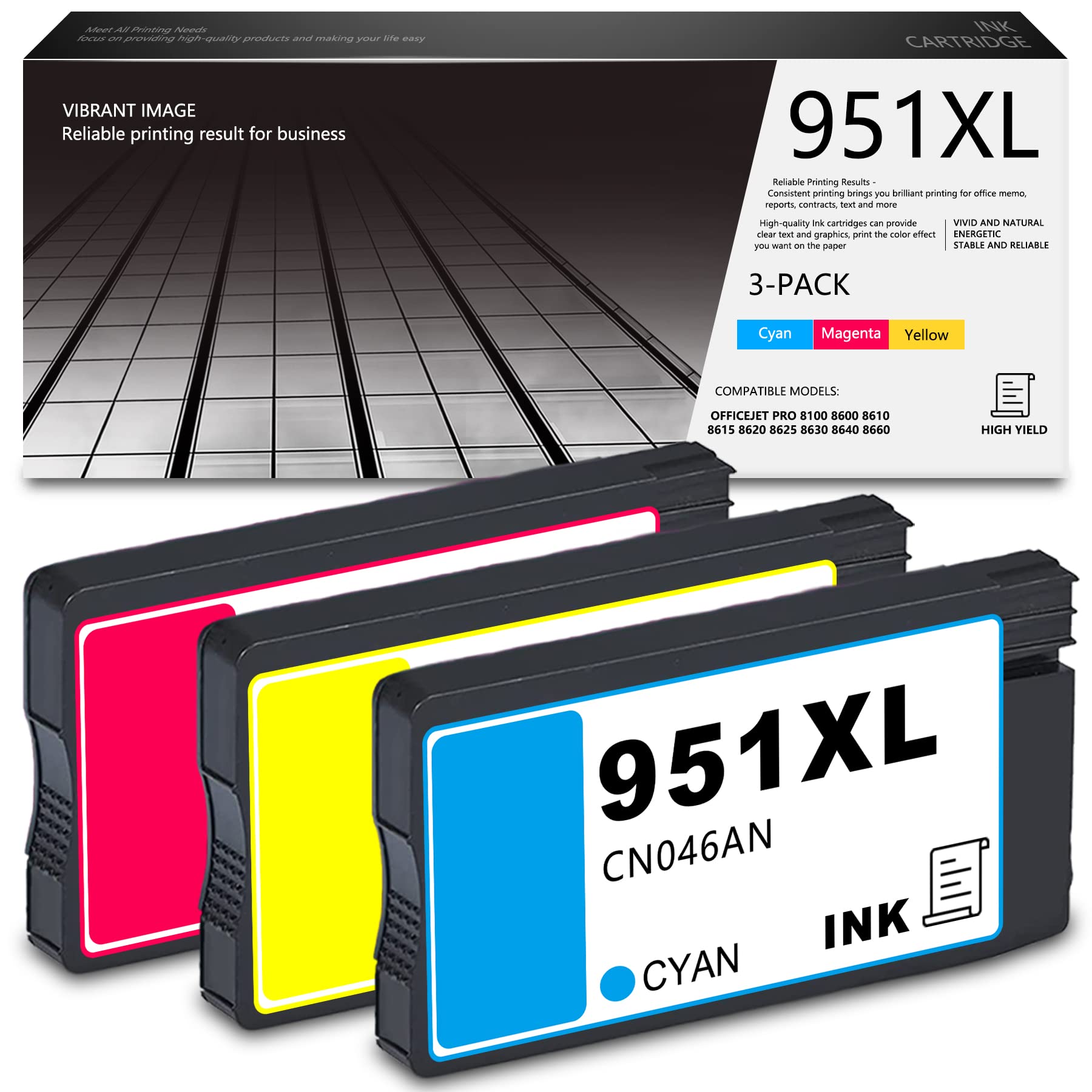 VASERINK 3 Pack 951XL Remanufactured Ink Cartridges - Compatible with HP OfficeJet Pro 8100 8600 8610 8615 Printers (Cyan, Magenta, Yellow) | High-Quality Replacement for CN046AN CN047AN CN048AN | Perfect for Home Office Printing & Business Documents