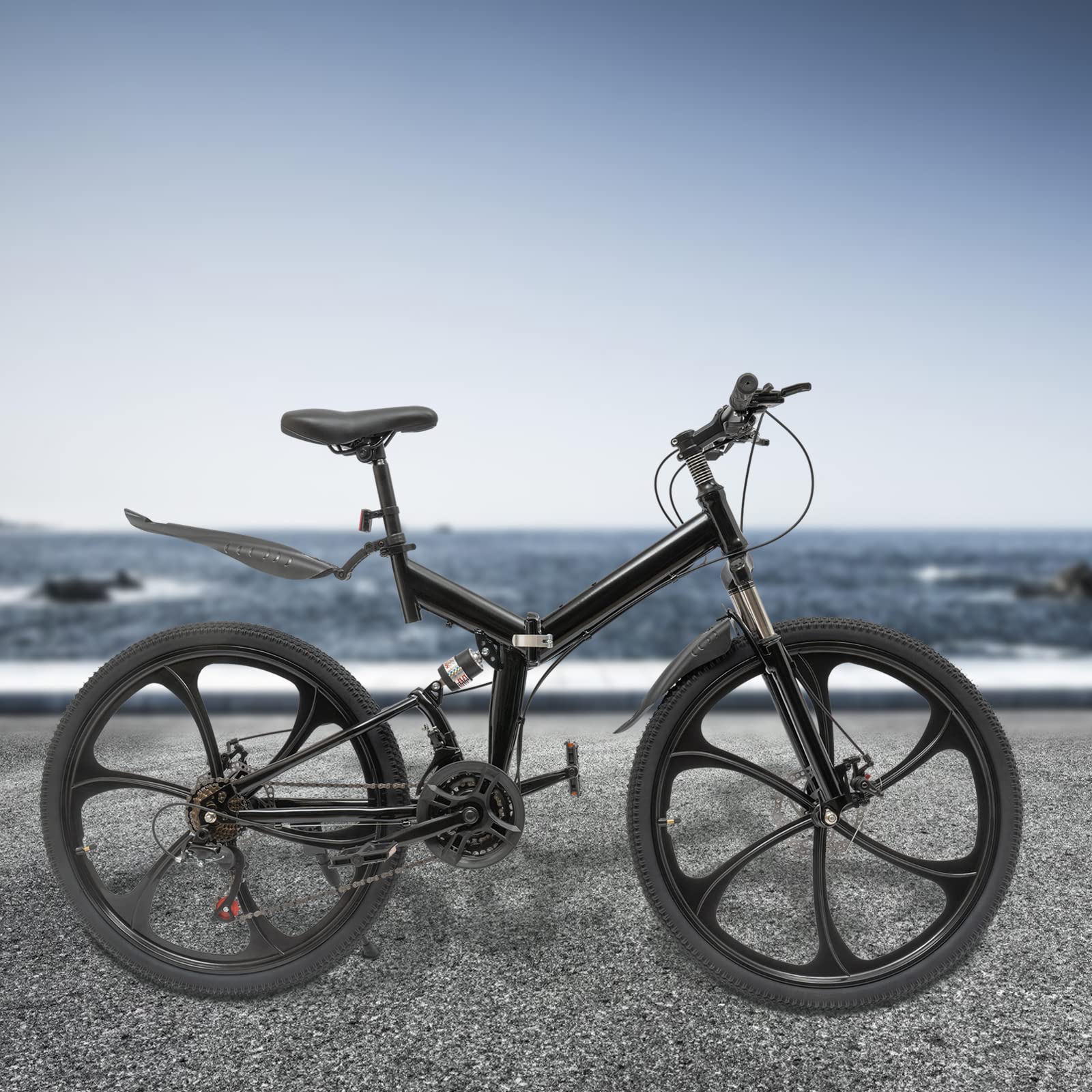 26In Folding Mountain Bike - 21 Speed Upgraded Foldable Bicycle with 6 Blade Flywheel, Carbon Steel Frame for Men & Women (Black) | Perfect for Commuting, Travel & Outdoor Adventures | US Stock
