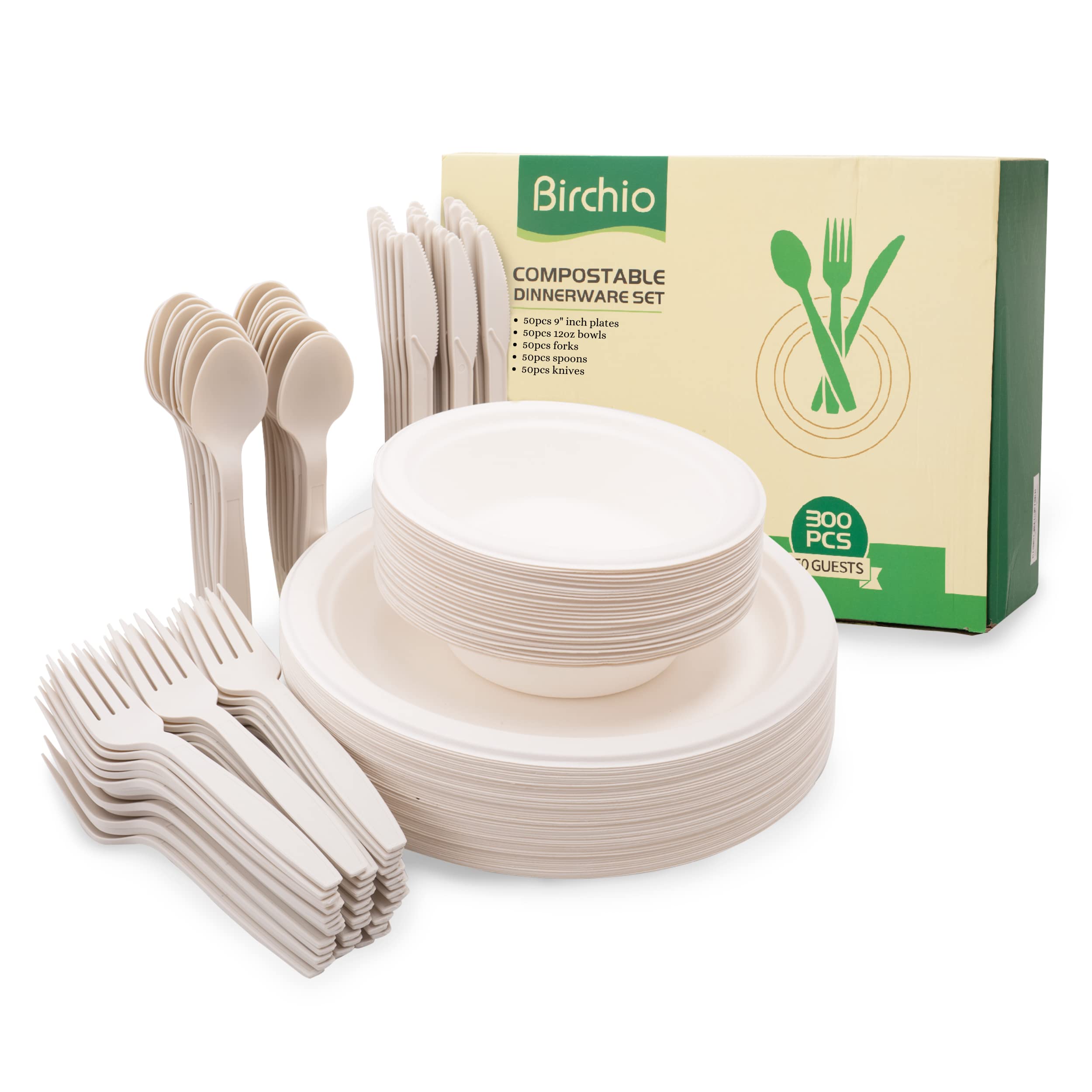 250-Piece (50 Sets) Biodegradable Paper Plates Set with Extra Long Utensils | Eco-Friendly Compostable Disposable Dinnerware | Includes Plates, Bowls, Forks, Knives & Spoons | Perfect for Parties, Picnics & Outdoor Events