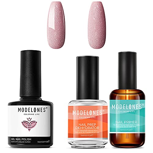 Modelones 3Pcs Nail Primer & Dehydrator Kit with Glitter Nude Gel Polish - Professional Nail Prep for Salon & DIY Manicures at Home