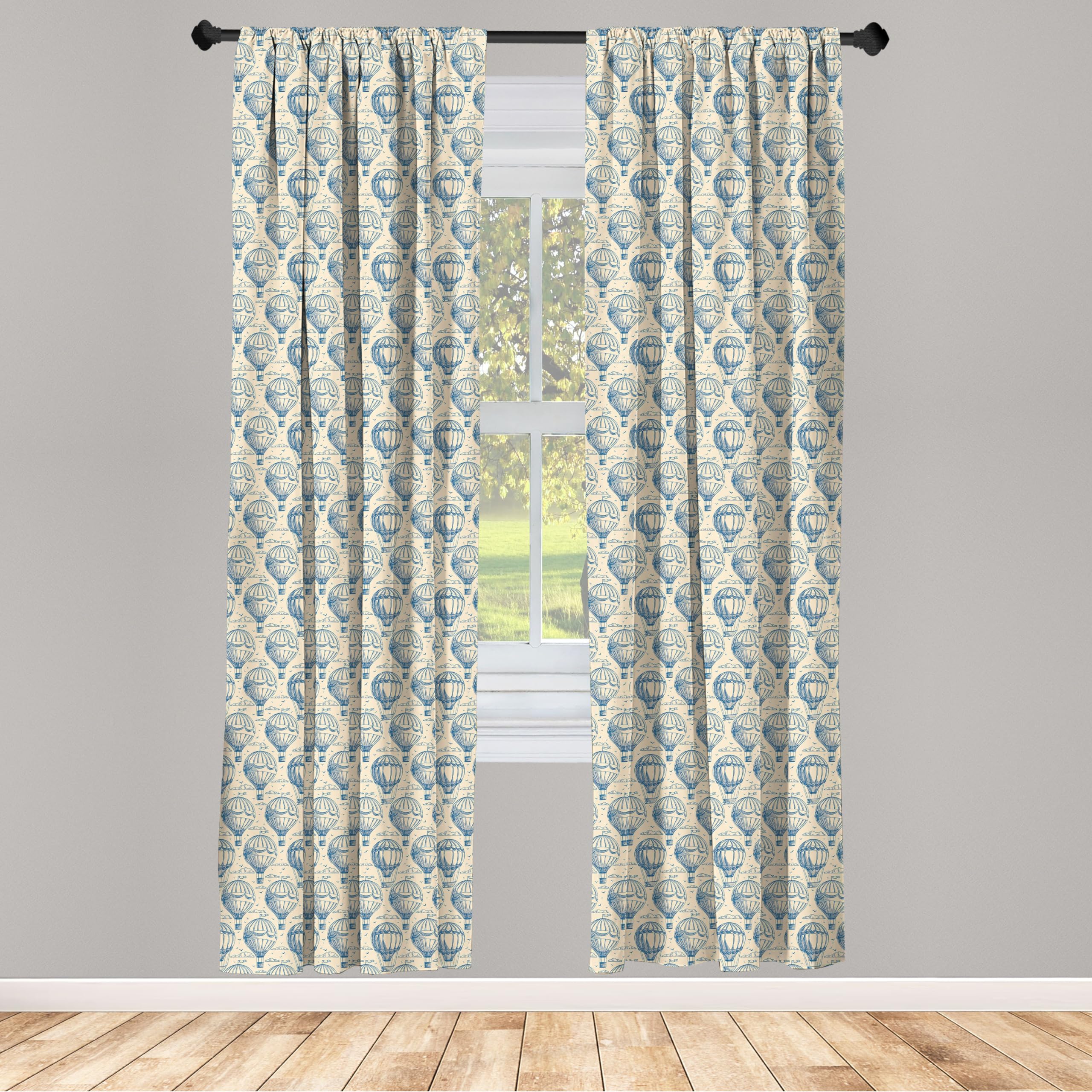 Ambesonne Blue and Beige Window Curtains - Sketch Art Style with Hot Air Balloons, Clouds & Flying Birds - Lightweight 2-Panel Set with Rod Pocket (28