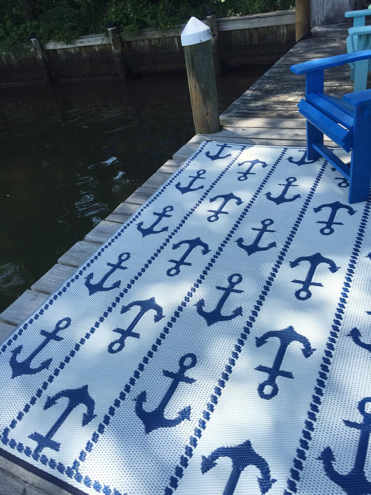 Mad Mats Reversible Outdoor Rug - 6' x 9' Blue/White Plastic Mat for Patio, Deck, Porch, Kitchen & Bathroom - Perfect for Outdoor Entertaining, Poolside Lounging & Indoor High-Traffic Areas