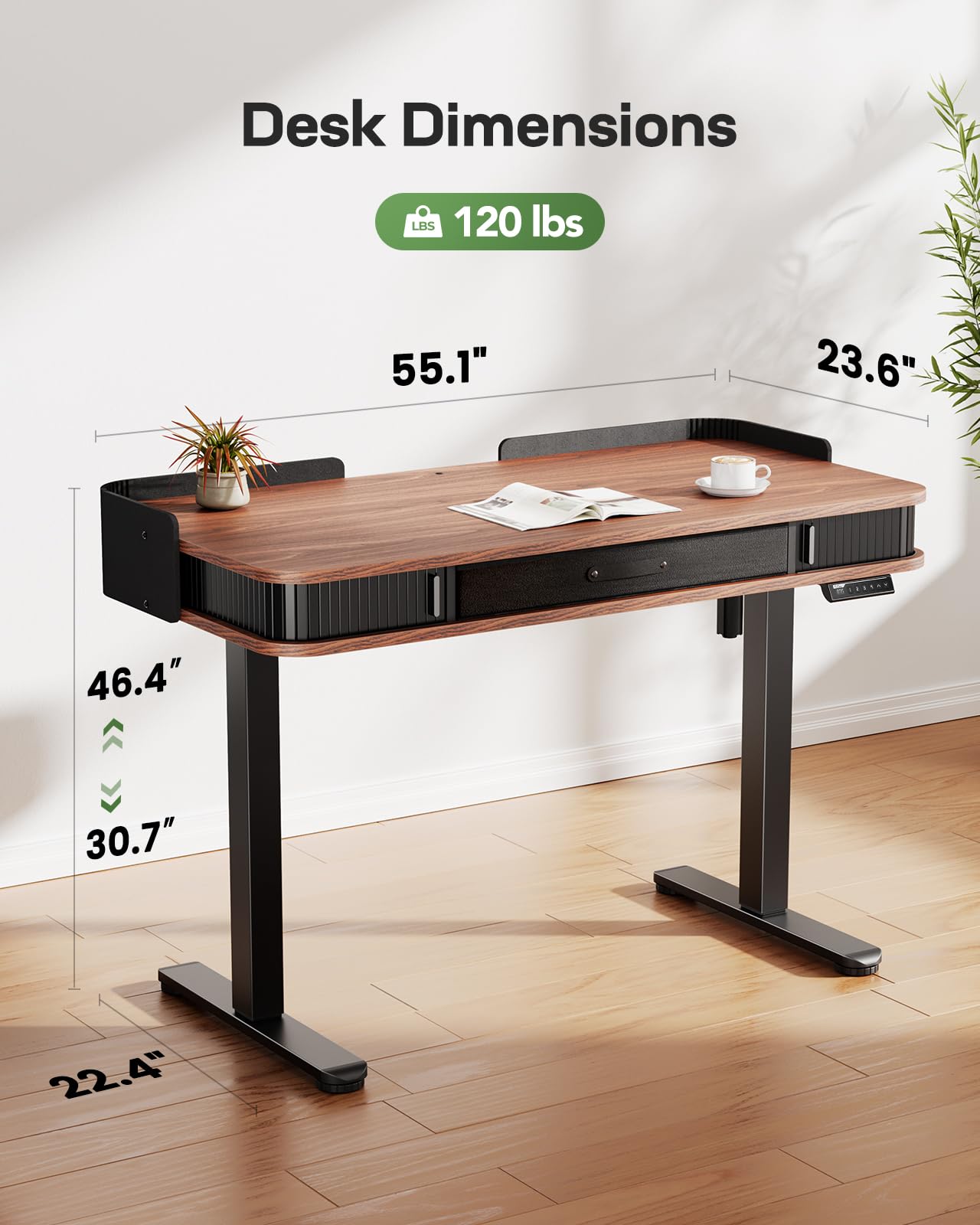 Marsail 55 x 28 Inches Electric Standing Desk - Height Adjustable Whole-Piece Desktop with 3 Drawers & 3 Memory Presets - Perfect for Home Office, Gaming Setup and Remote Workstation