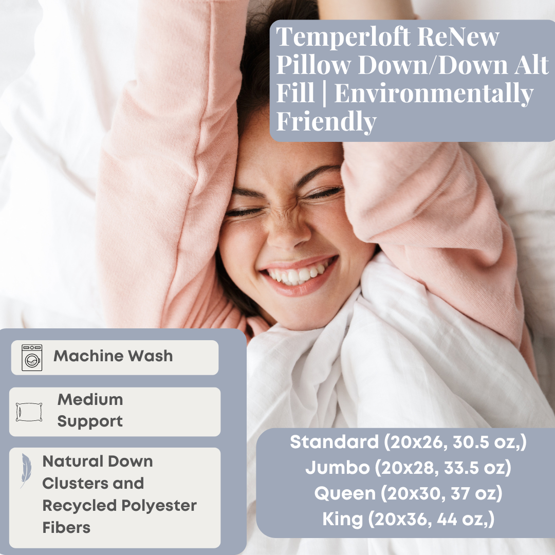 Eco-Friendly Temperloft ReNew Pillow with Down/Down Alternative Fill - Hypoallergenic & Sustainable Bedding for Side Sleepers & Allergy Relief